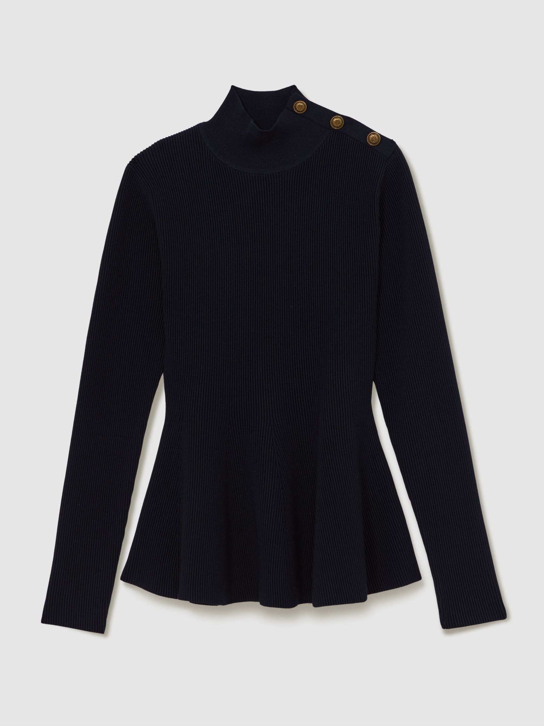 Rib-Knit High-Neck Peplum Top in Navy - image 1