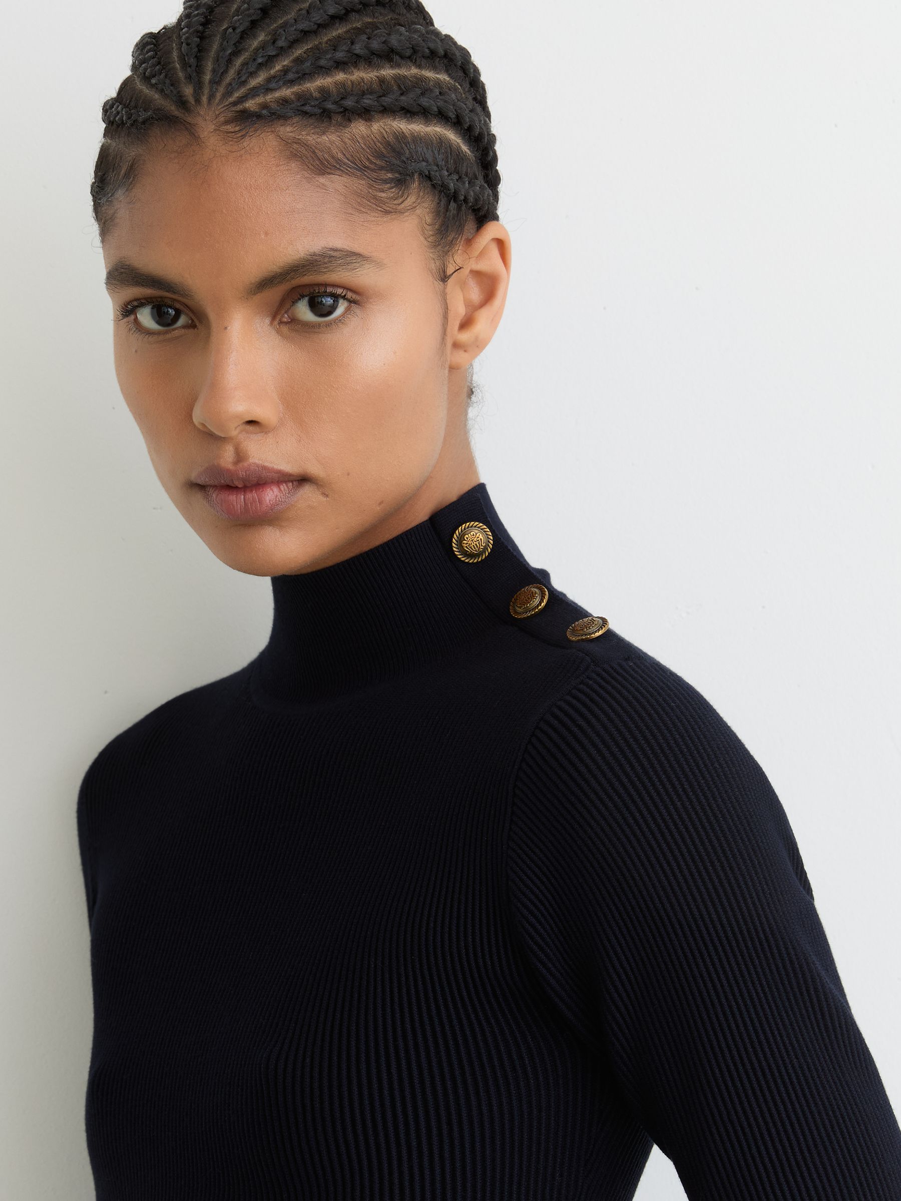 Rib-Knit High-Neck Peplum Top in Navy - image 3