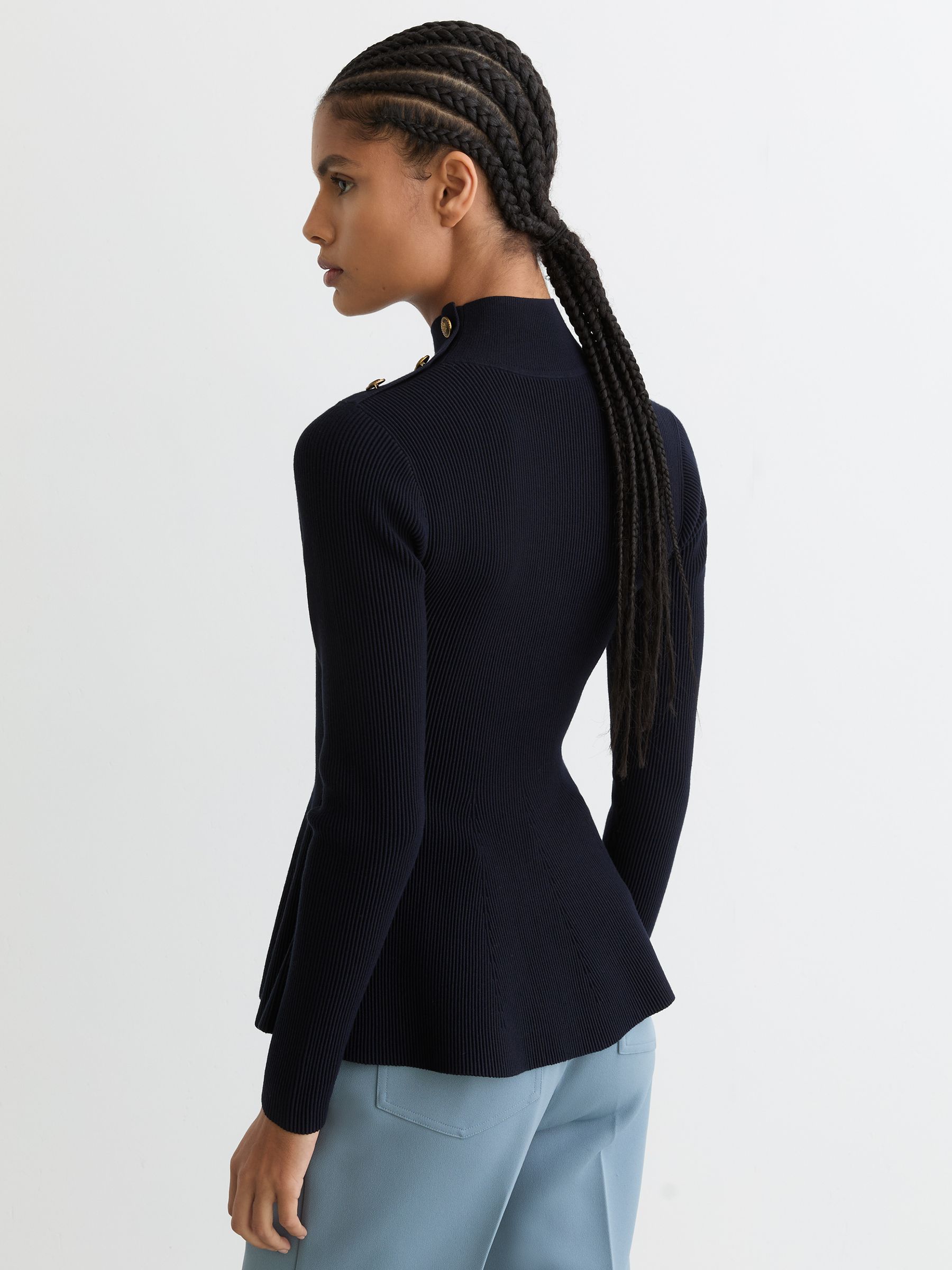 Rib-Knit High-Neck Peplum Top in Navy - image 5