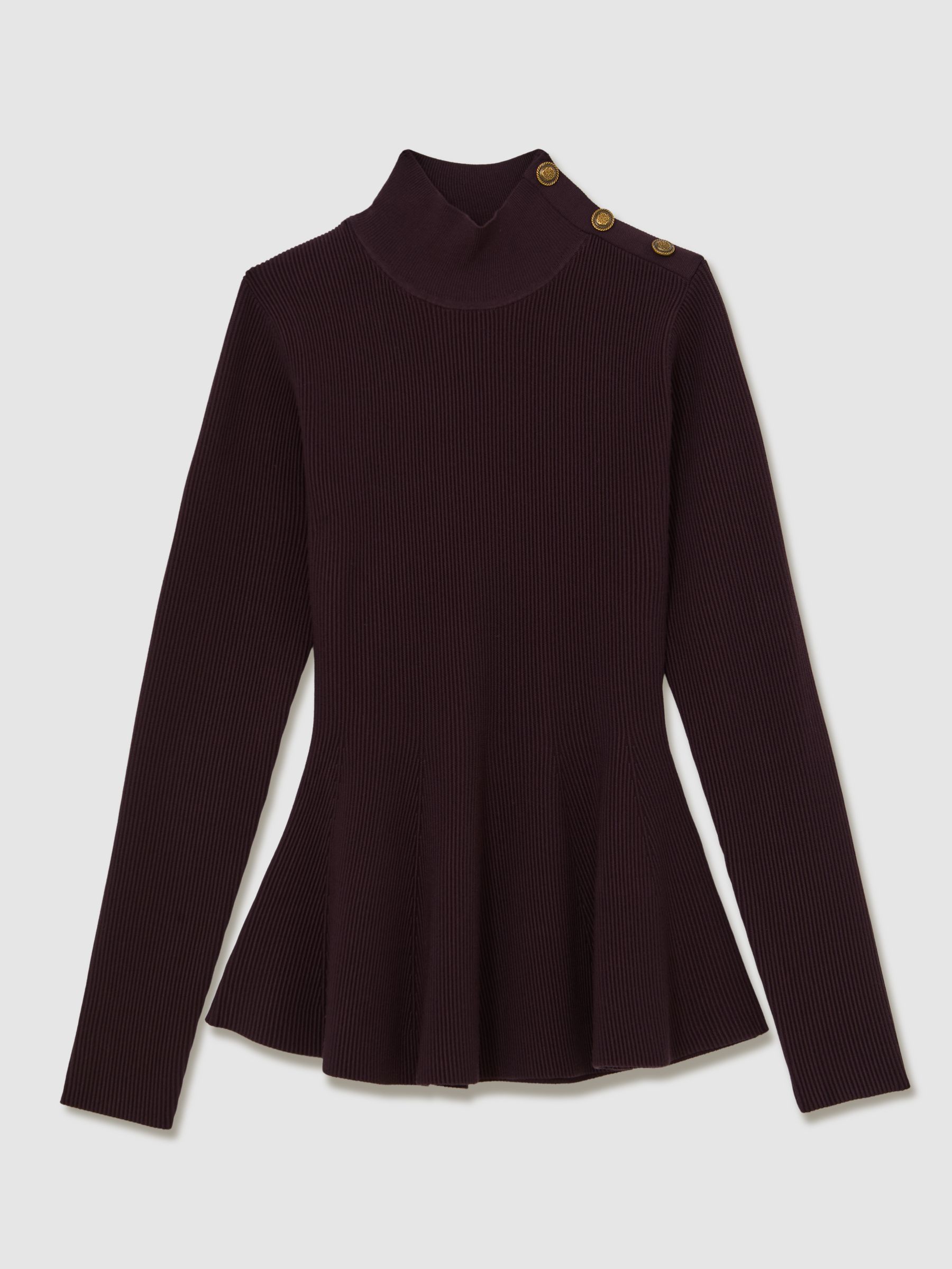 Rib-Knit High-Neck Peplum Top in Burgundy - image 1