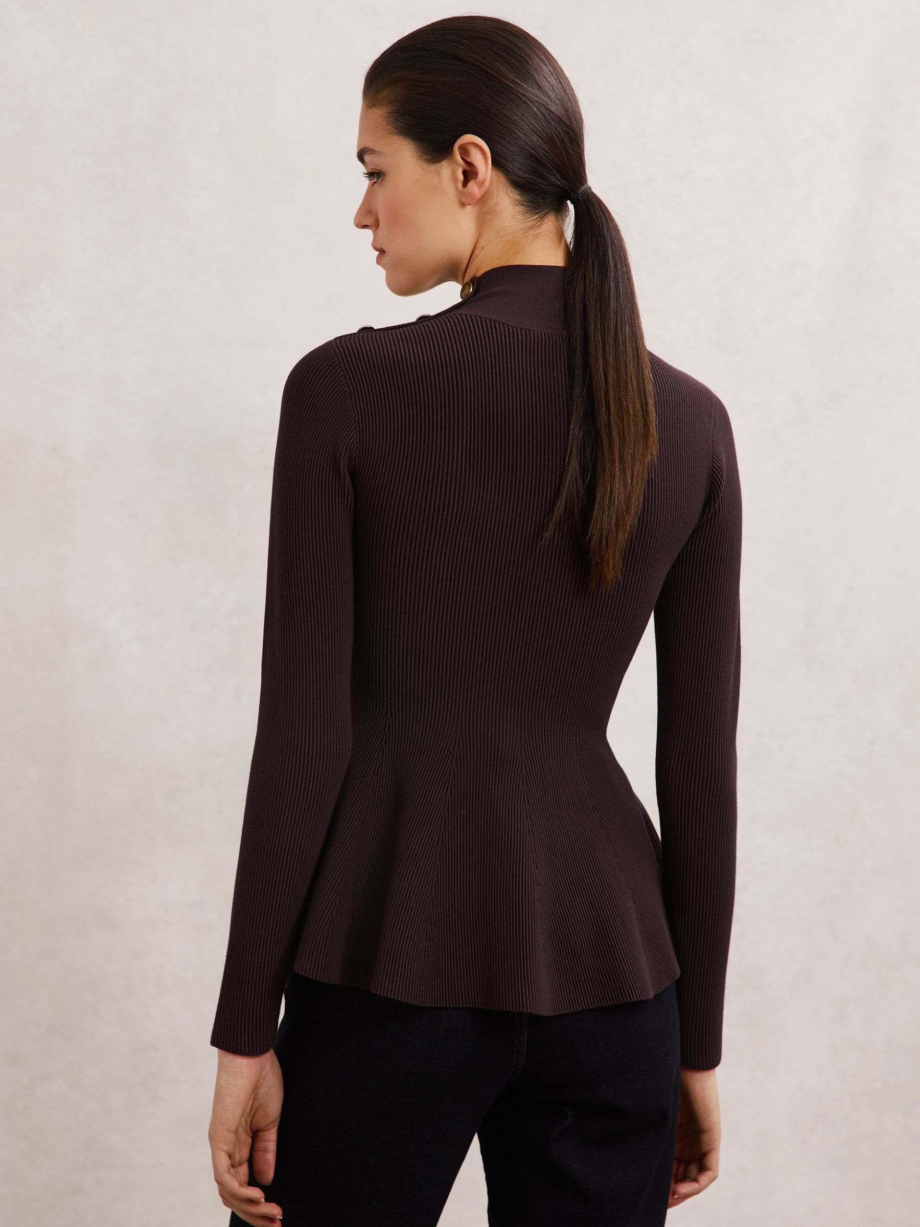 Rib-Knit High-Neck Peplum Top in Burgundy - image 3