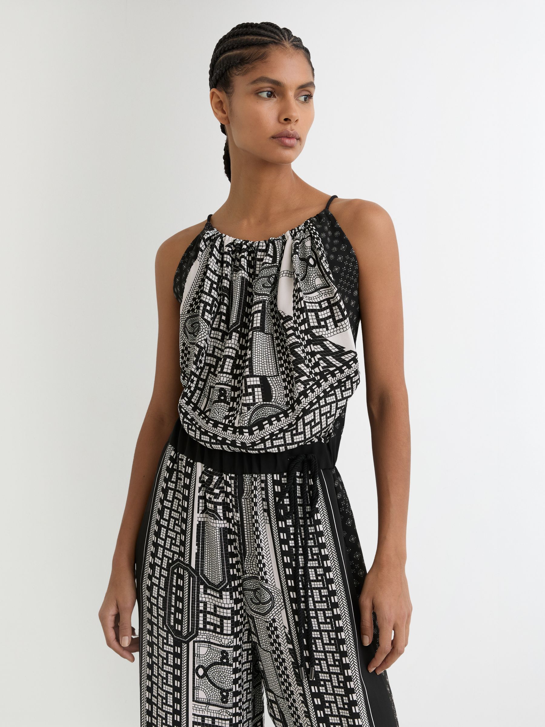 Scarf-Print Wide-Leg Jumpsuit in Black/Ivory - Image 3 of 6