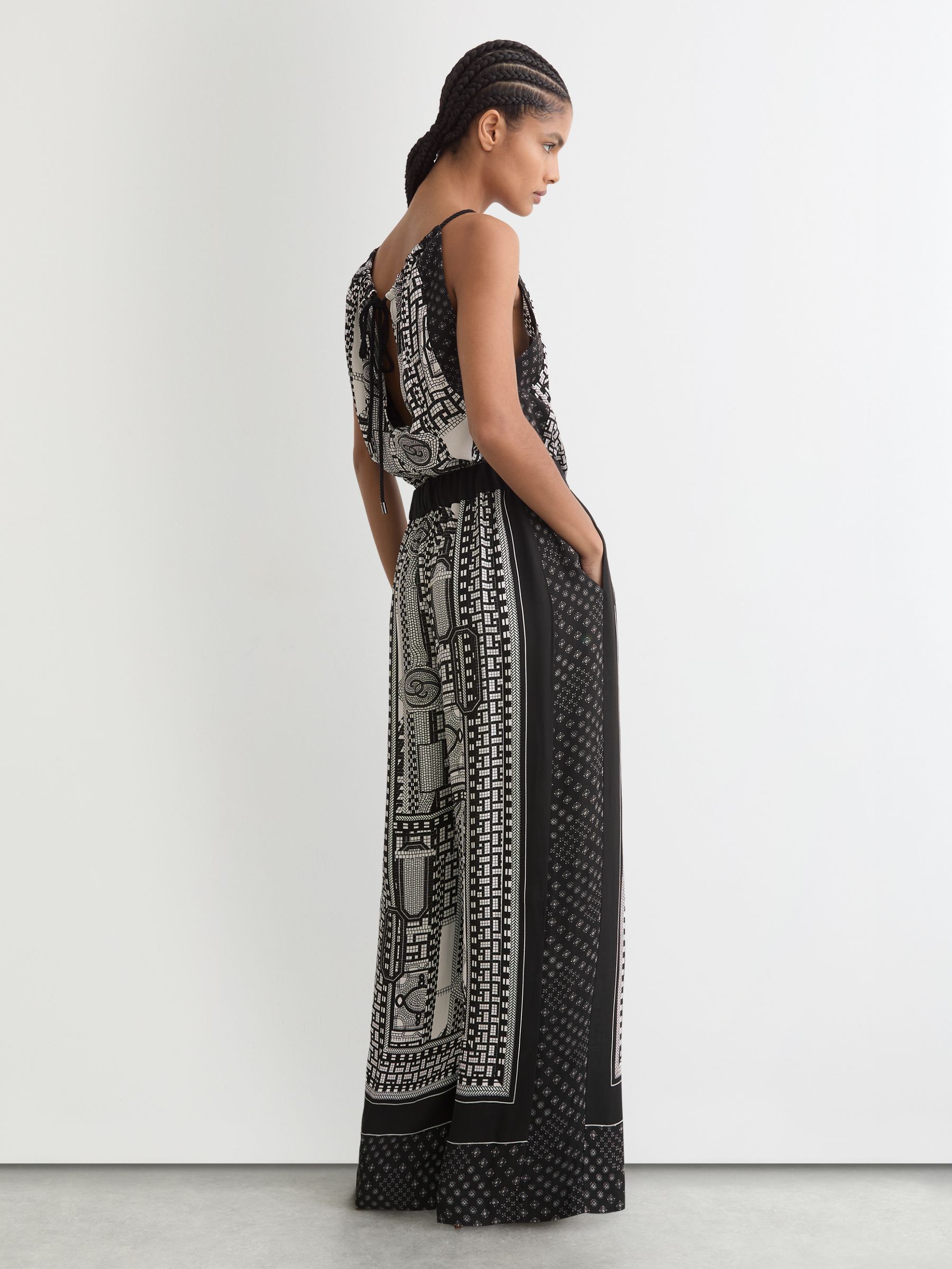 Scarf-Print Wide-Leg Jumpsuit in Black/Ivory - Image 5 of 6