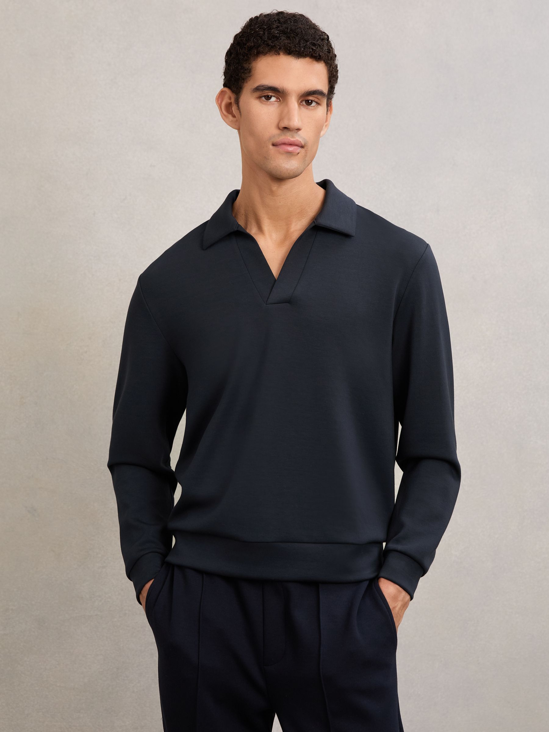 Reiss Premium Interlock Open-Collar Polo Sweatshirt in Navy Blue