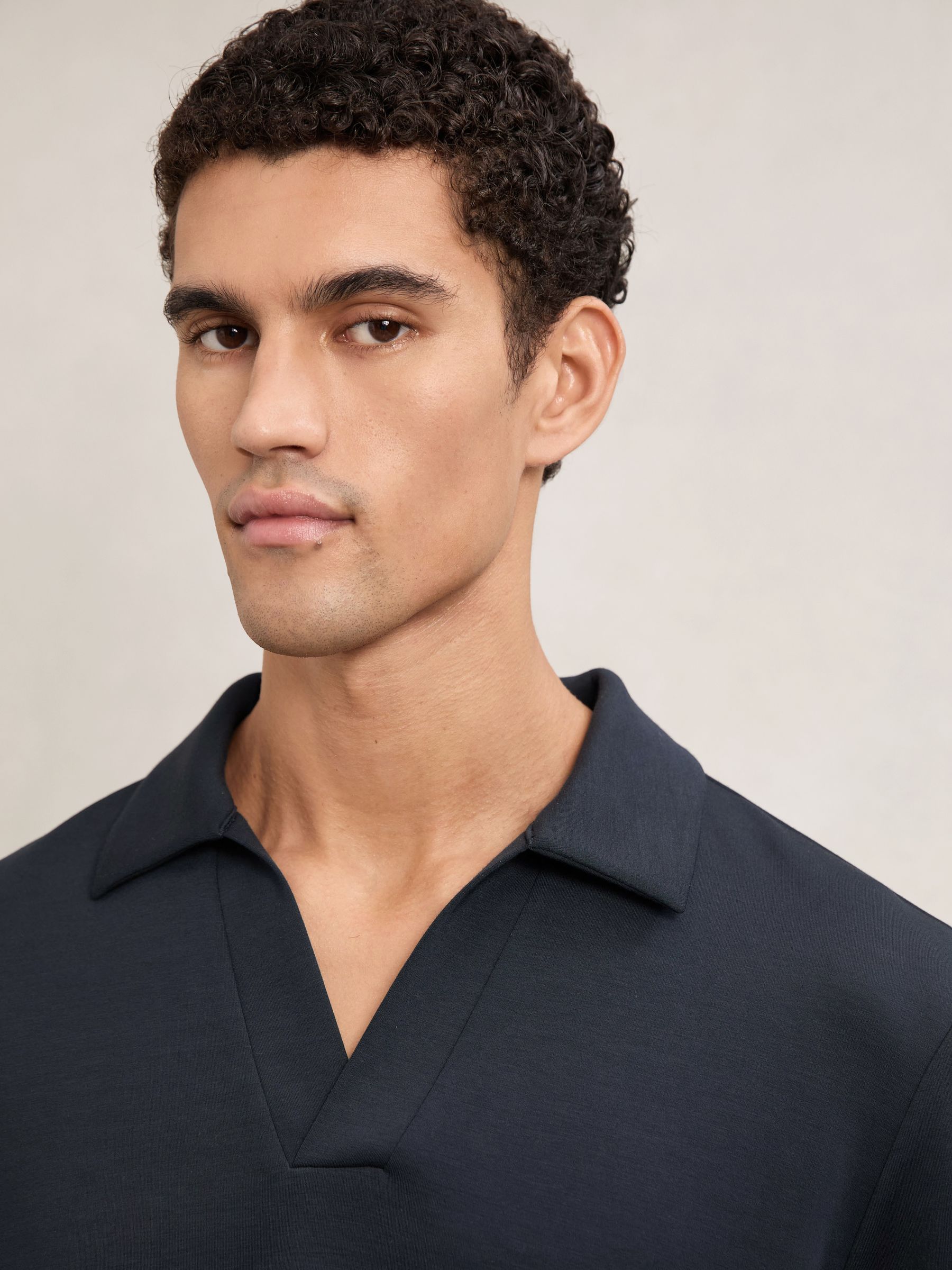 Premium Interlock Open-Collar Polo Sweatshirt in Navy Blue - Image 4 of 6
