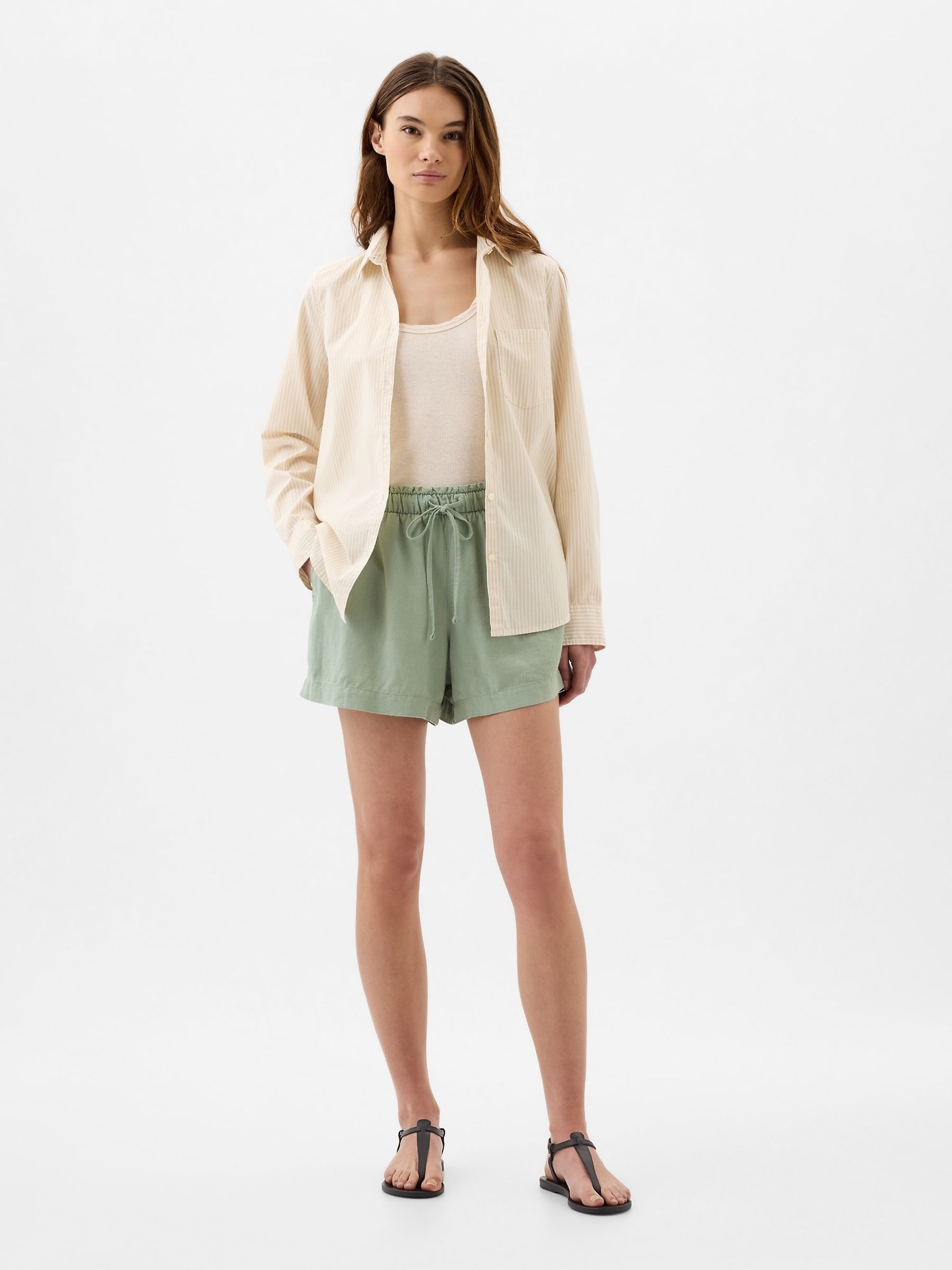 Green Linen Blend Pull On Shorts - Image 1 of 2