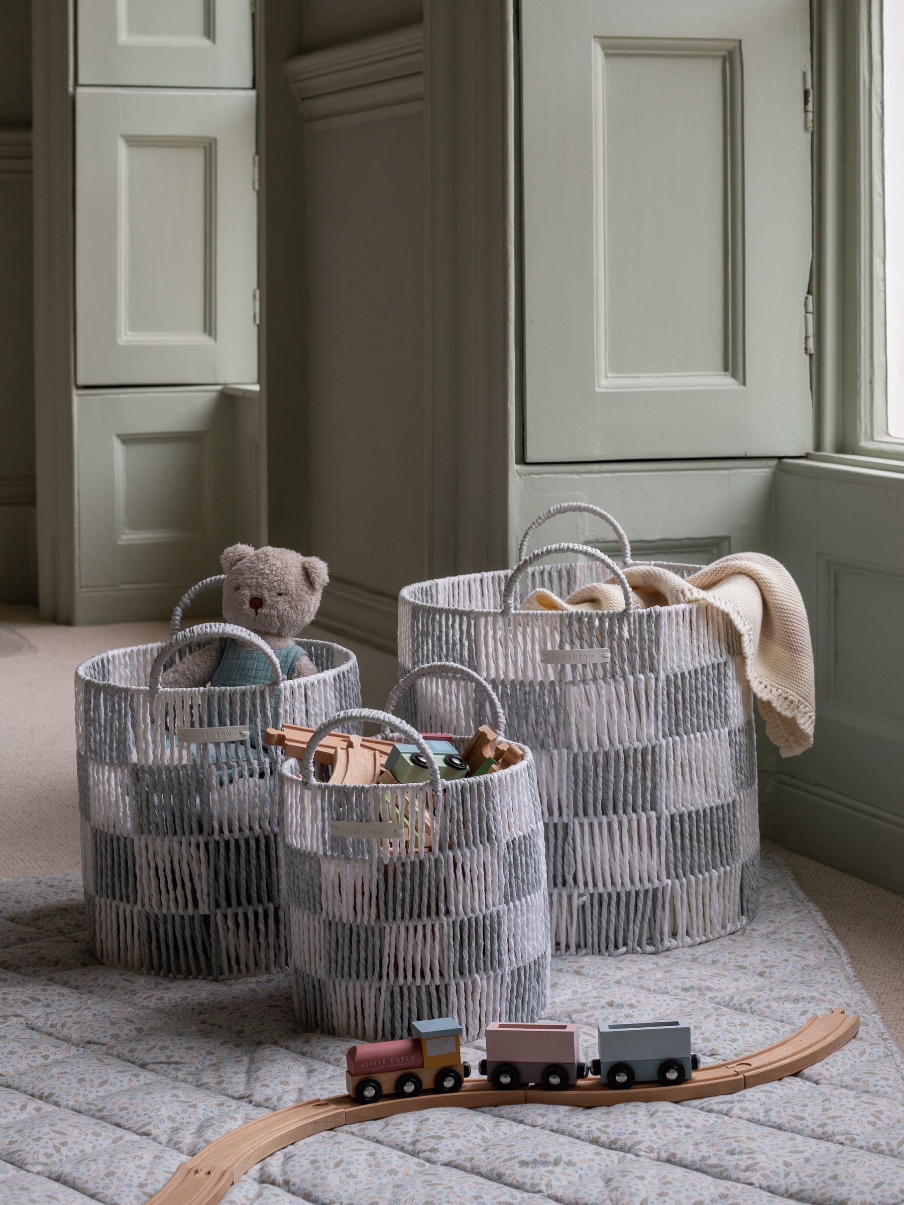 Powder Blue Checkerboard Storage Basket Set of 3 - Image 1 of 4