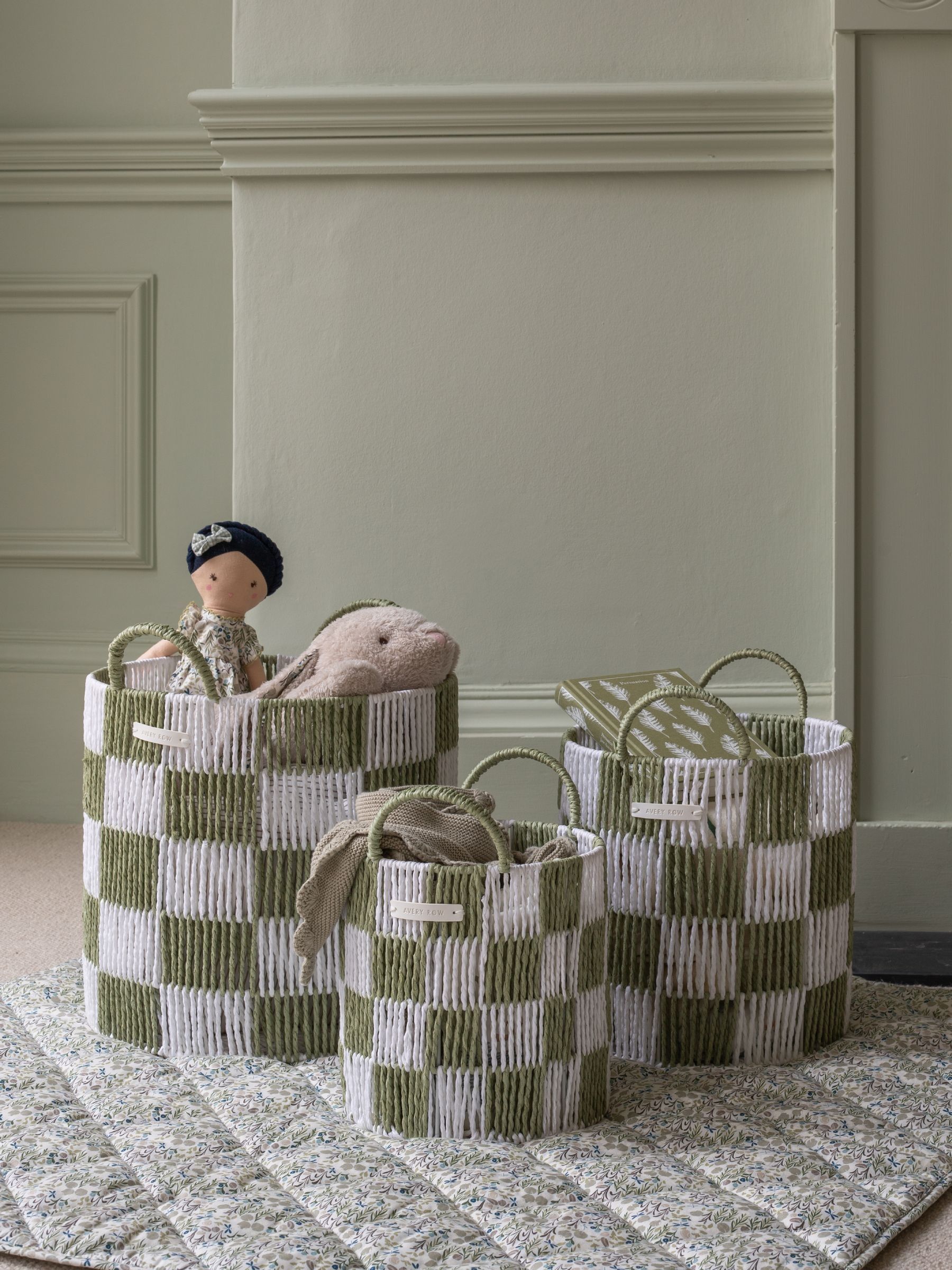 Sage Checkerboard Storage Basket Set of 3 - Image 1 of 4