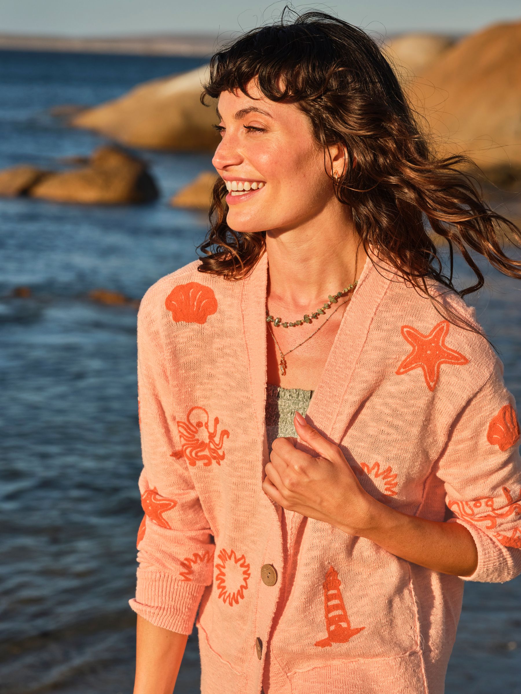 Coral Pink Seascape Knitted Cardigan - Image 1 of 8