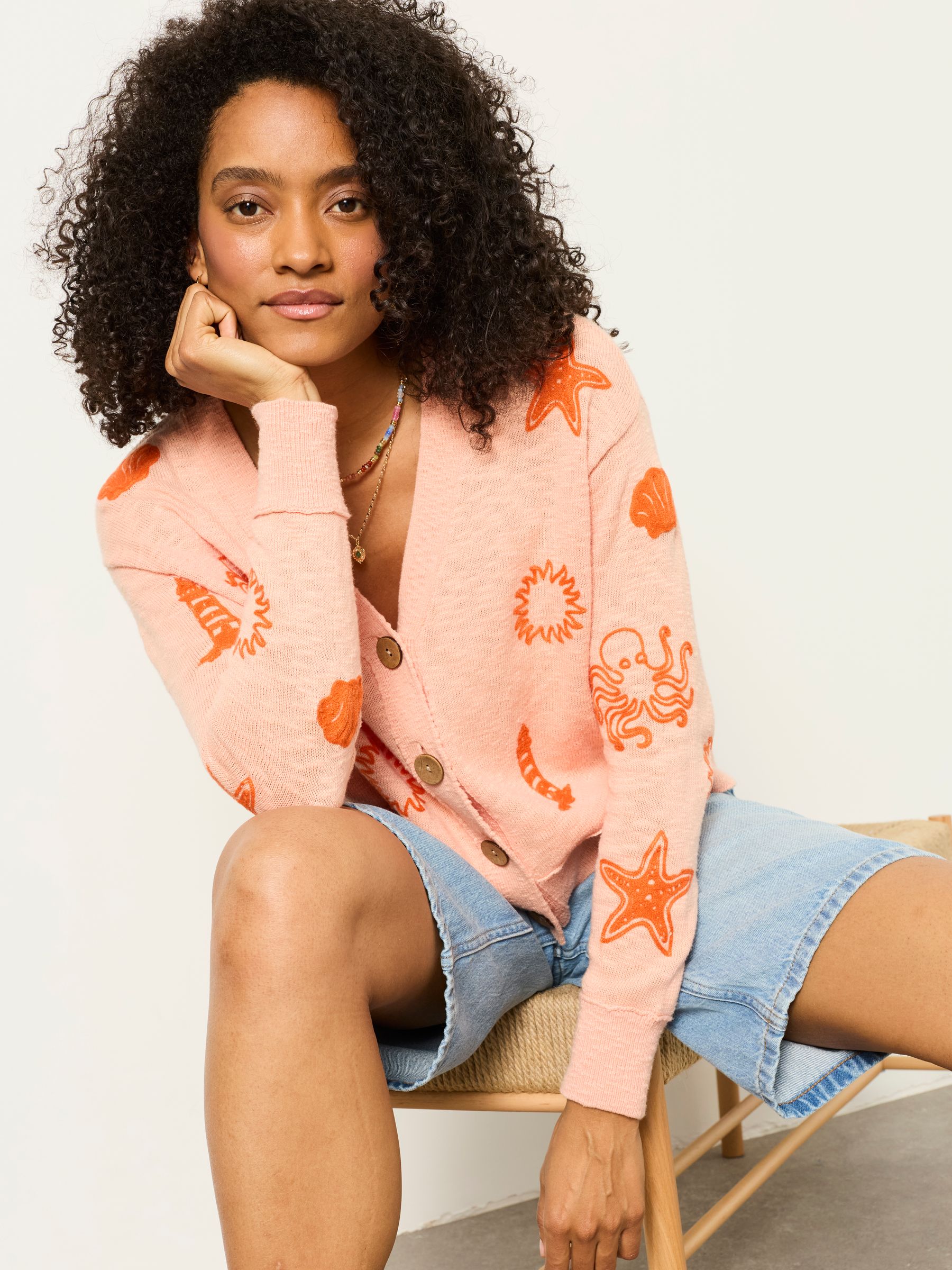 Coral Pink Seascape Knitted Cardigan - Image 3 of 8