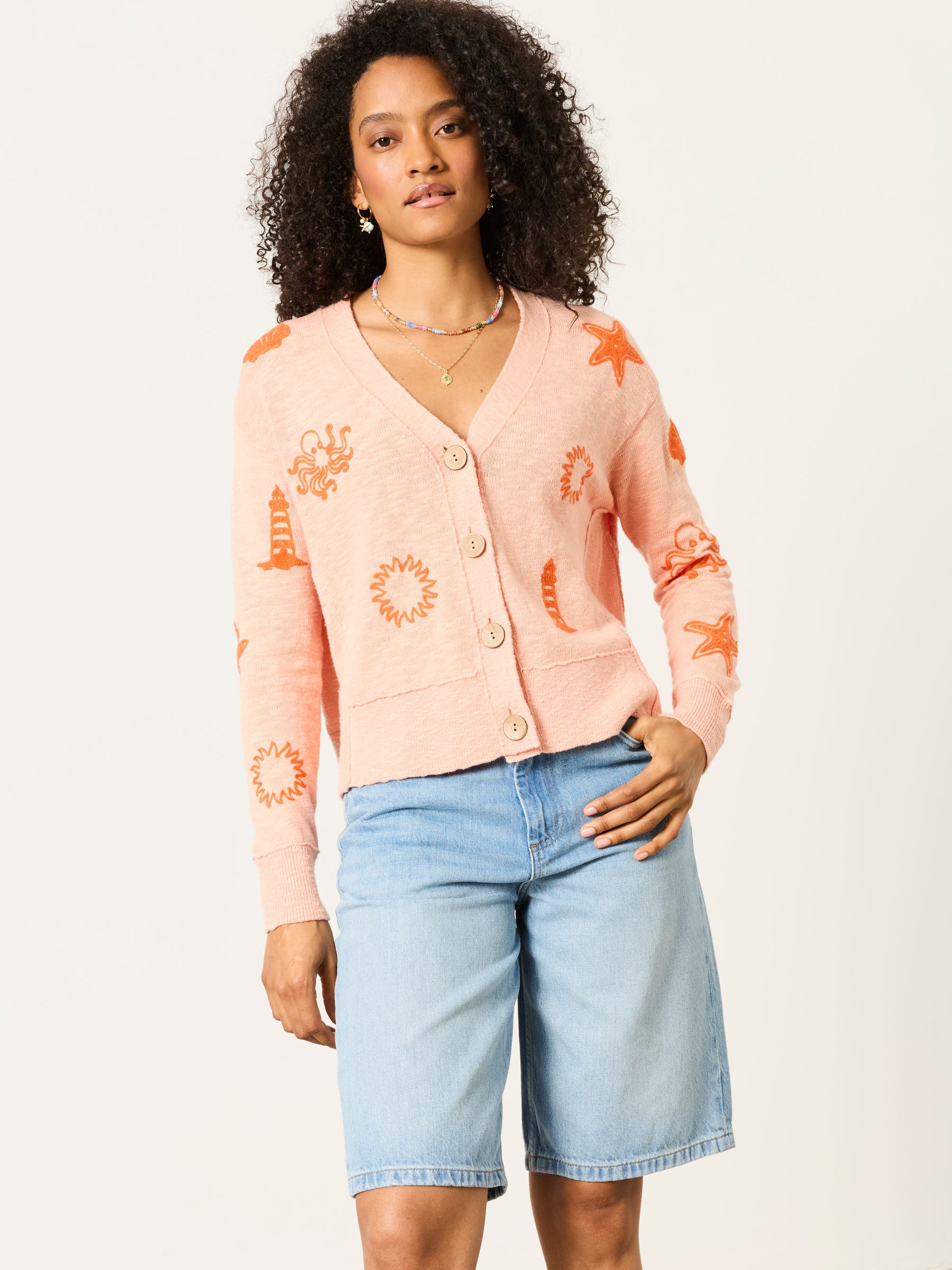 Coral Pink Seascape Knitted Cardigan | FatFace