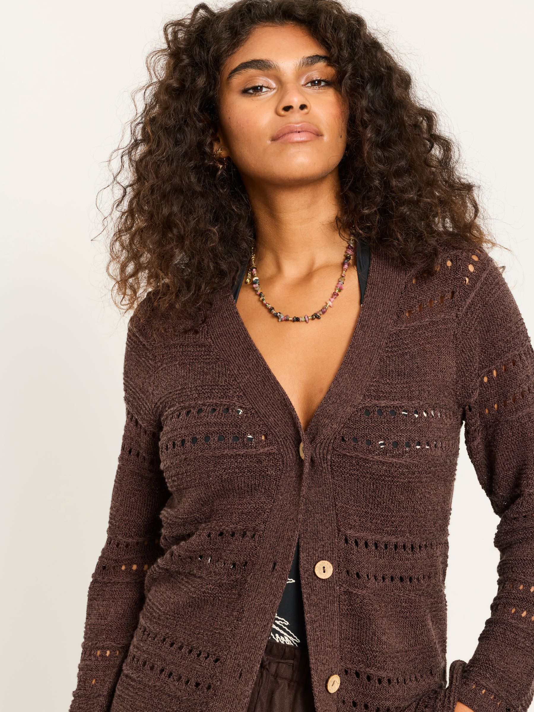 Amelie Chocolate Brown Crochet Knitted Cardigan - Image 4 of 6