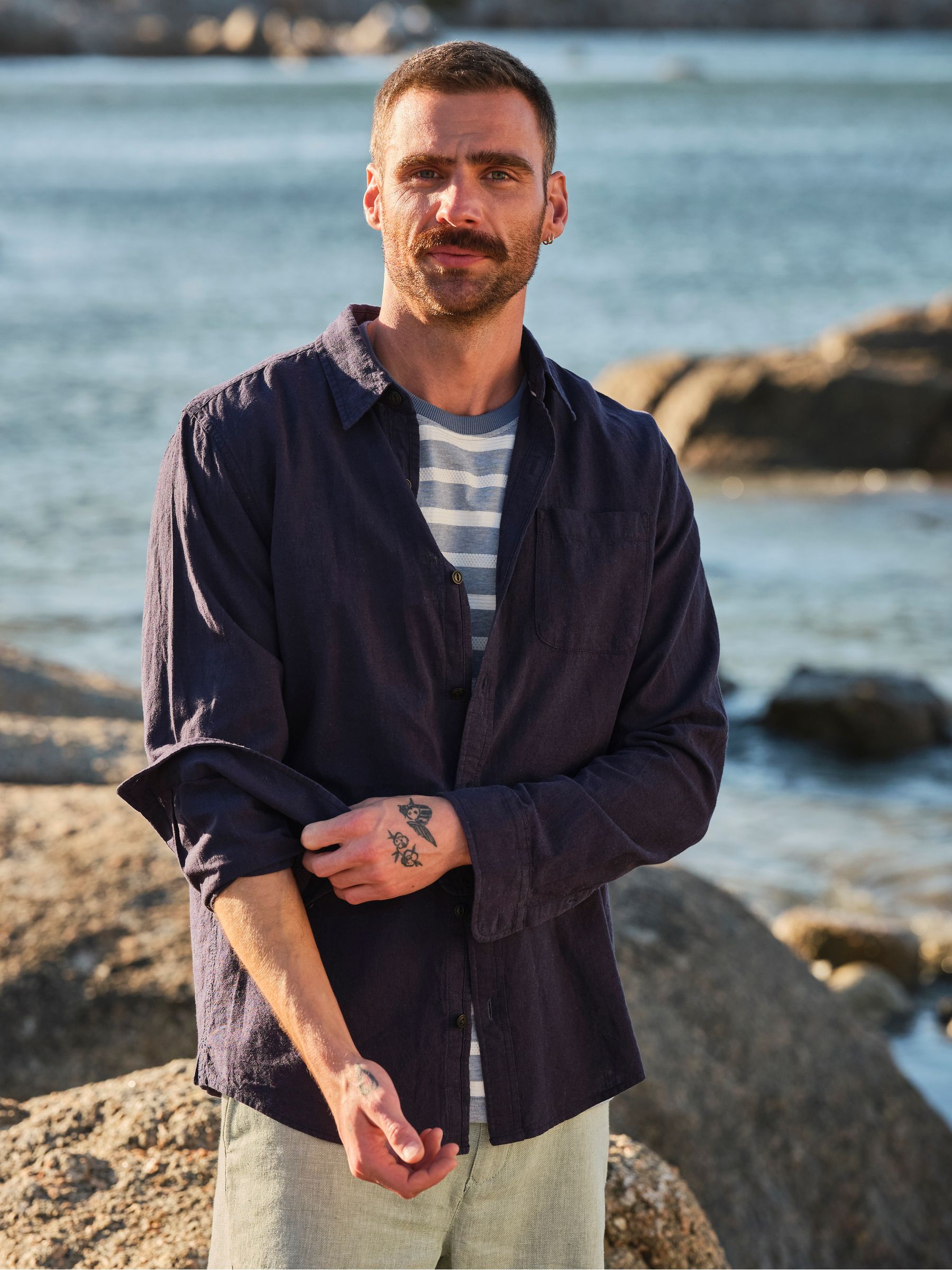Navy Long Sleeve Linen Cotton Bugle Shirt - Image 1 of 8