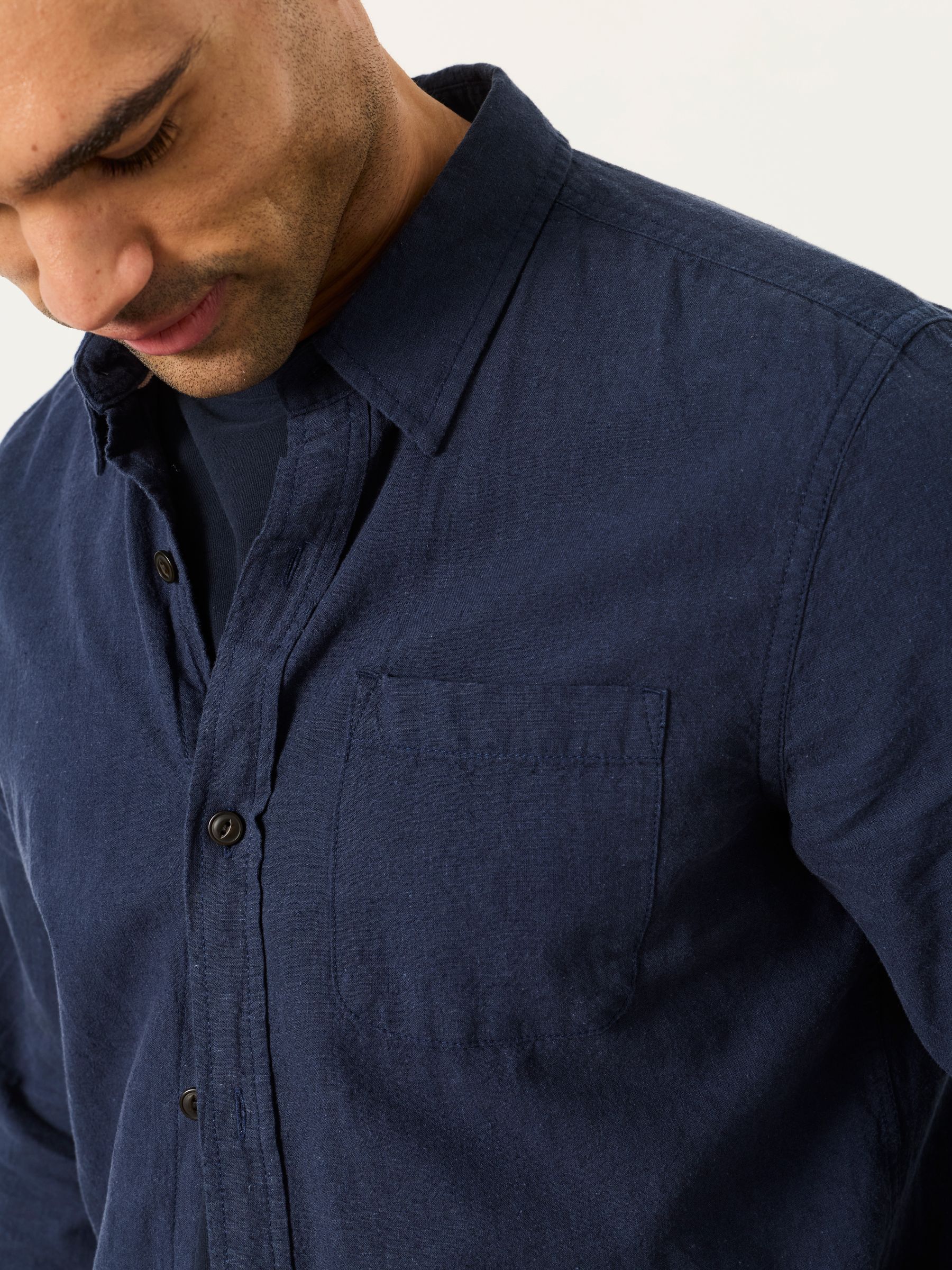 Navy Long Sleeve Linen Cotton Bugle Shirt - Image 6 of 8