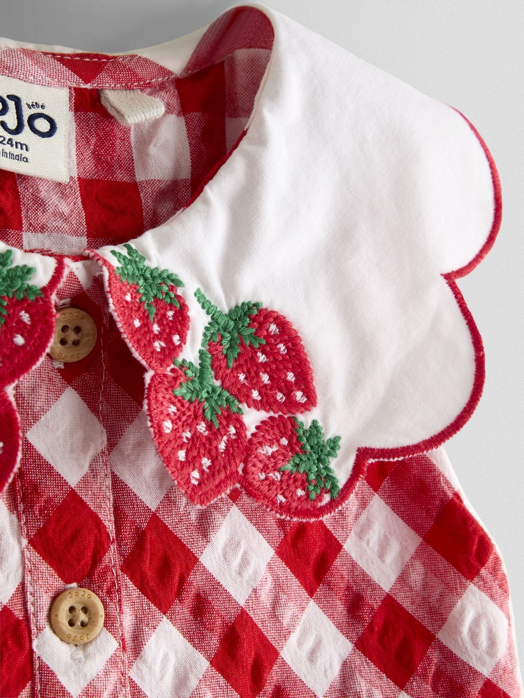 Red Strawberry Embroidered Collared Sleeveless Button Through Dress - Image 4 of 4