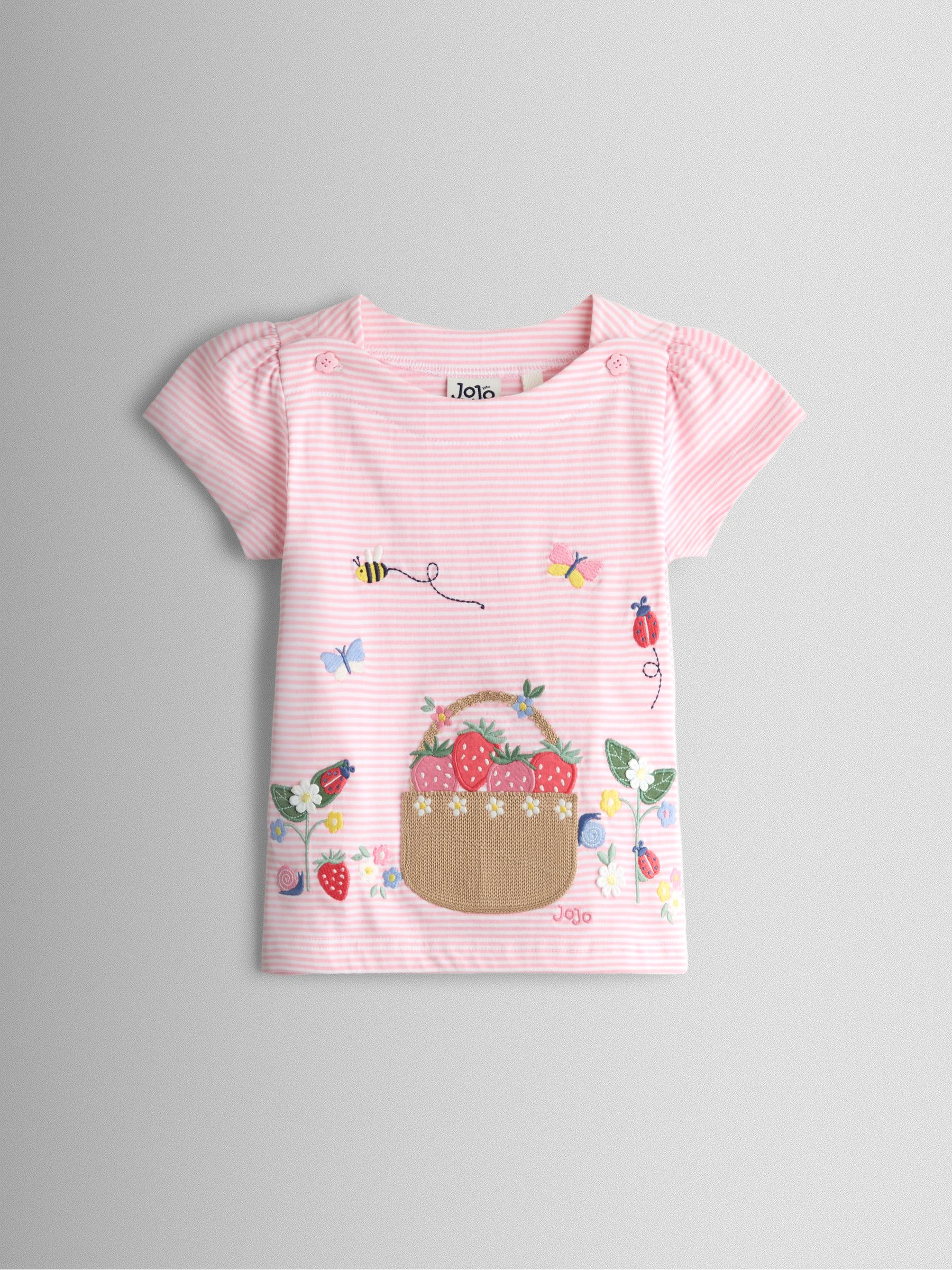 Pink Strawberry Picnic Basket Appliqué Button Shoulder T-shirt - Image 1 of 3