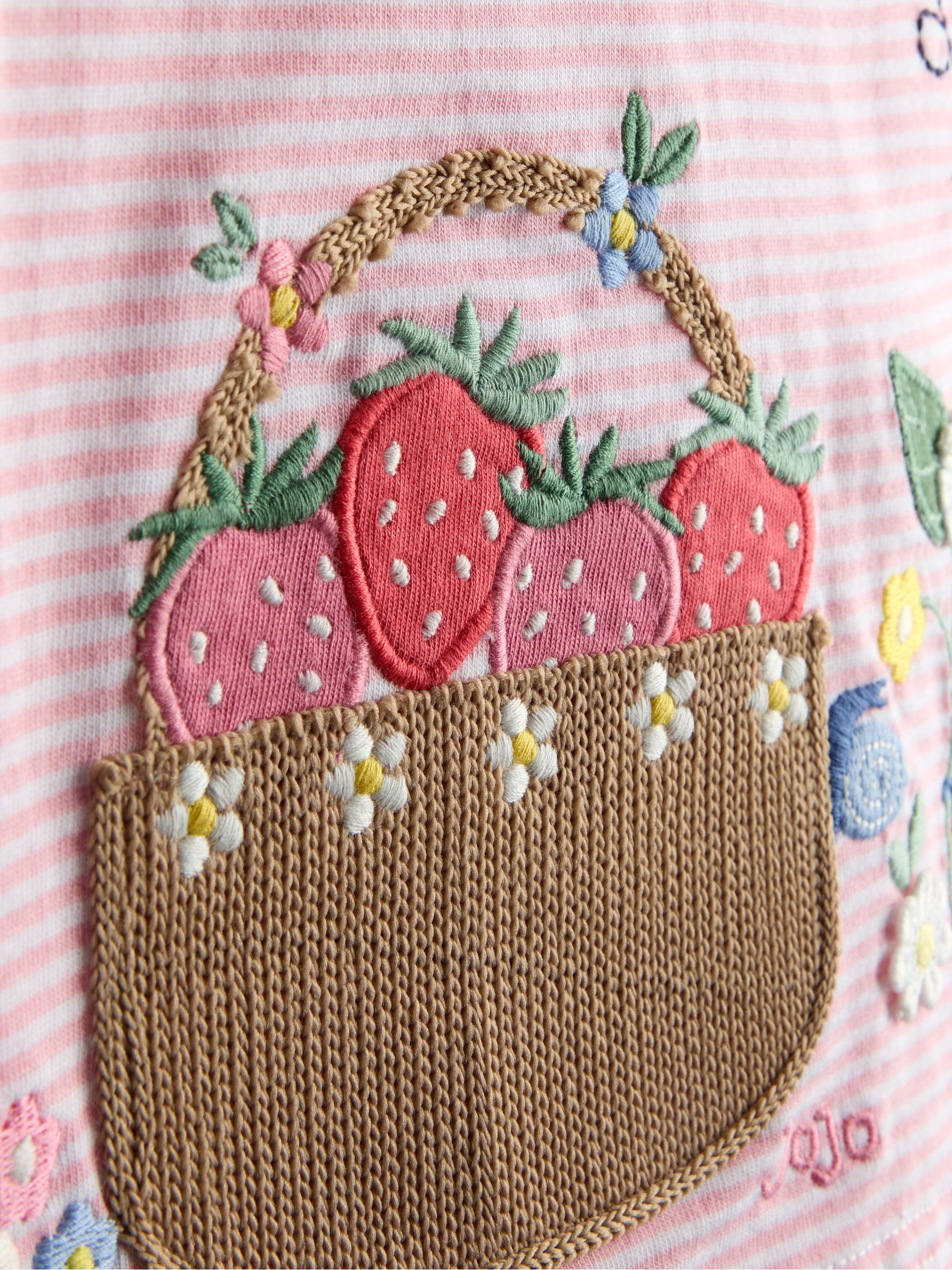 Pink Strawberry Picnic Basket Appliqué Button Shoulder T-shirt - Image 3 of 3