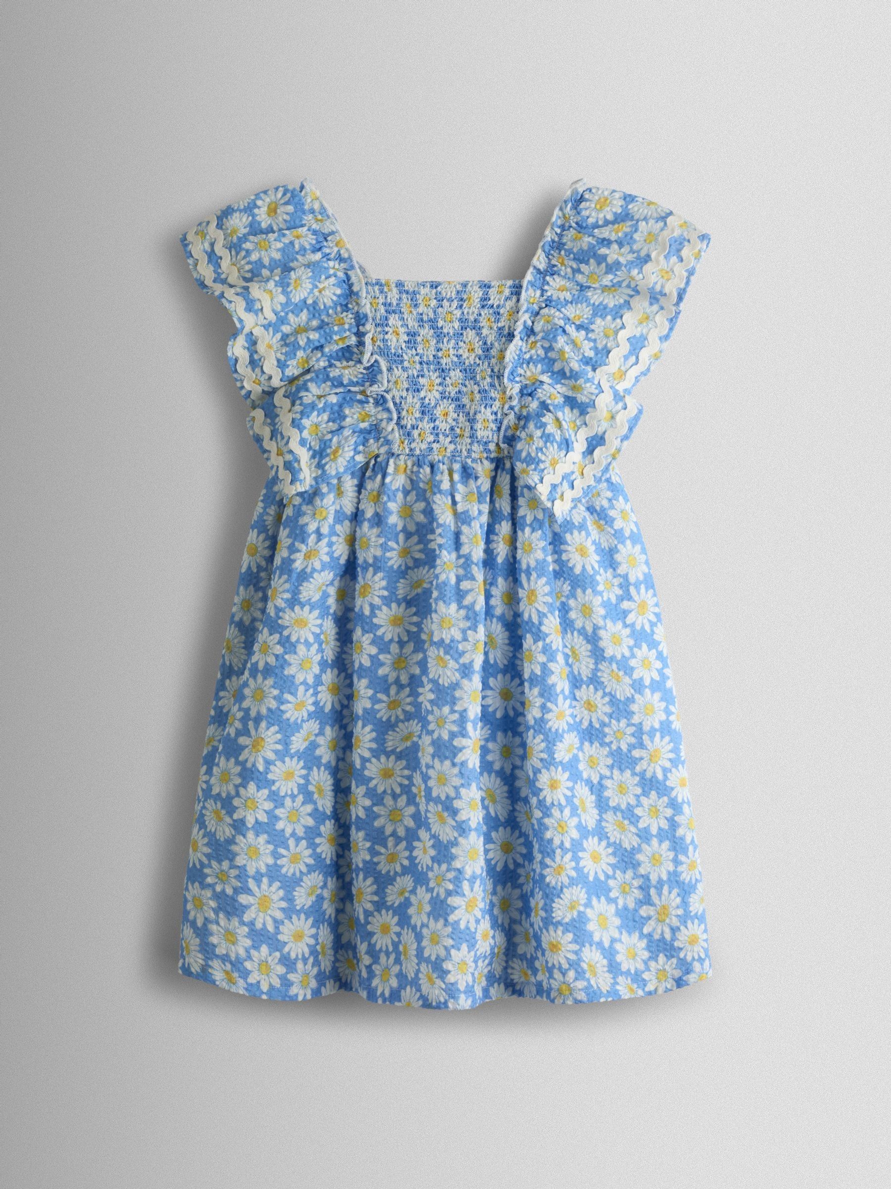 Blue Daisy Seersucker Frill Shoulder Smocked Dress - Image 1 of 4