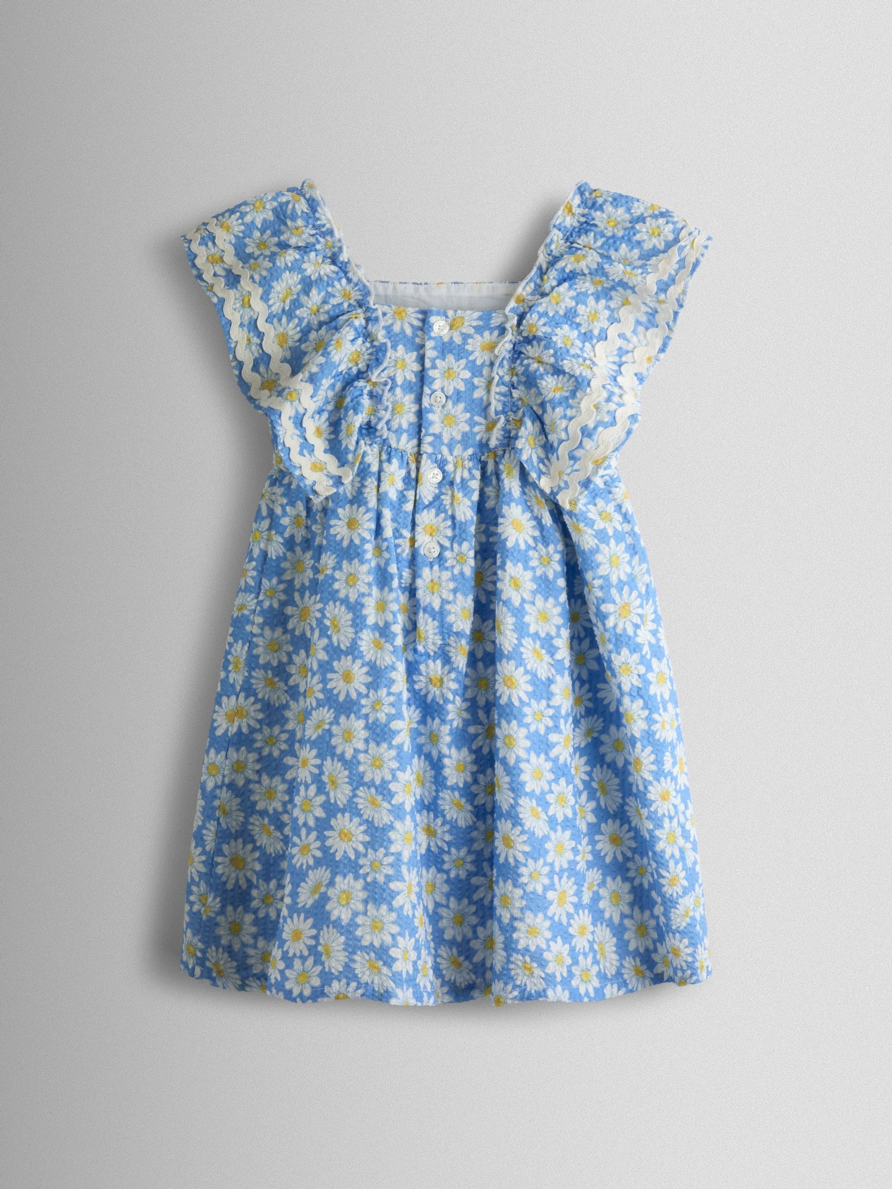 Blue Daisy Seersucker Frill Shoulder Smocked Dress - Image 2 of 4