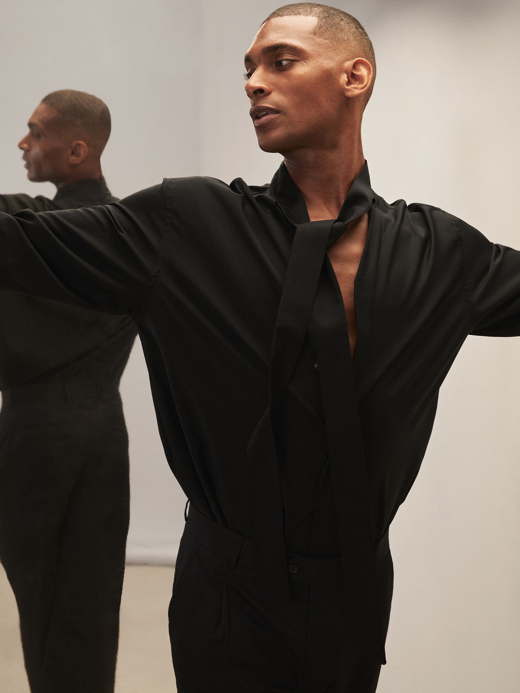 Reiss | Royal Ballet Tie-Neck Shirt in Black - Image 1 of 8 Reiss | Royal Ballet Tie-Neck Shirt in Black - Image 1 of 8