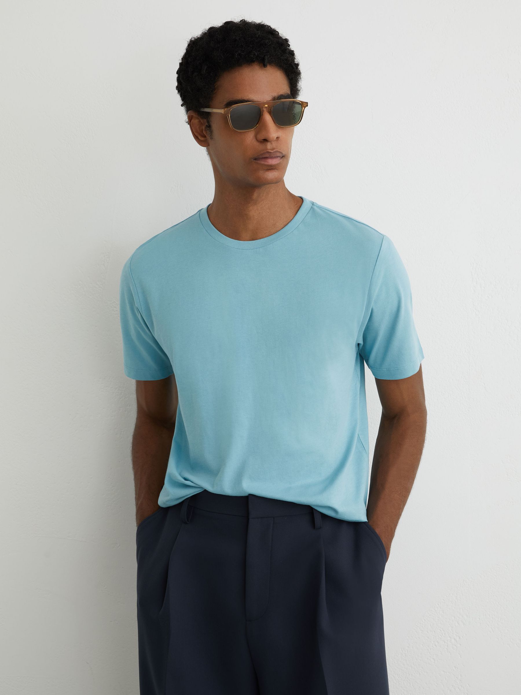 Cotton Crew-Neck Tailored-Fit T-Shirt in Sea Blue - Image 1 of 6 Cotton Crew-Neck Tailored-Fit T-Shirt in Sea Blue - Image 1 of 6
