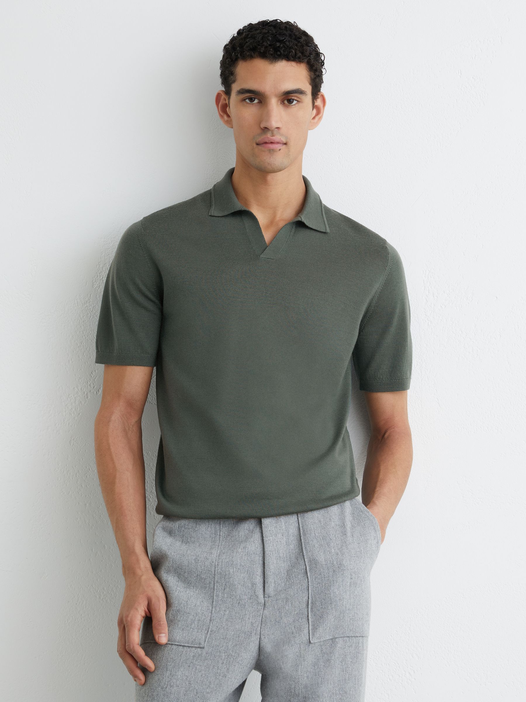 Merino Wool Open-Collar Polo Shirt in Kale Green - Image 1 of 6