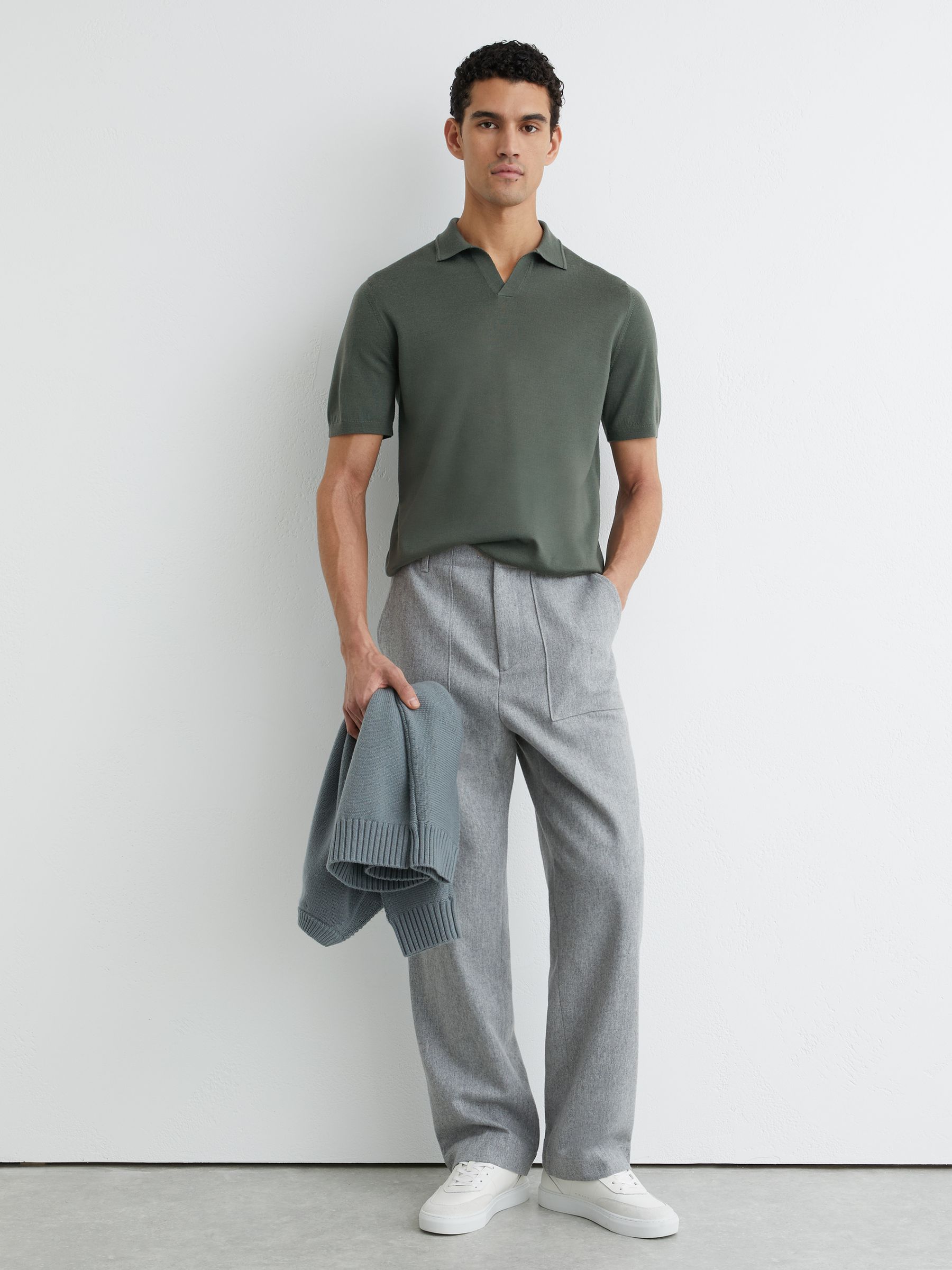 Merino Wool Open-Collar Polo Shirt in Kale Green - Image 3 of 6
