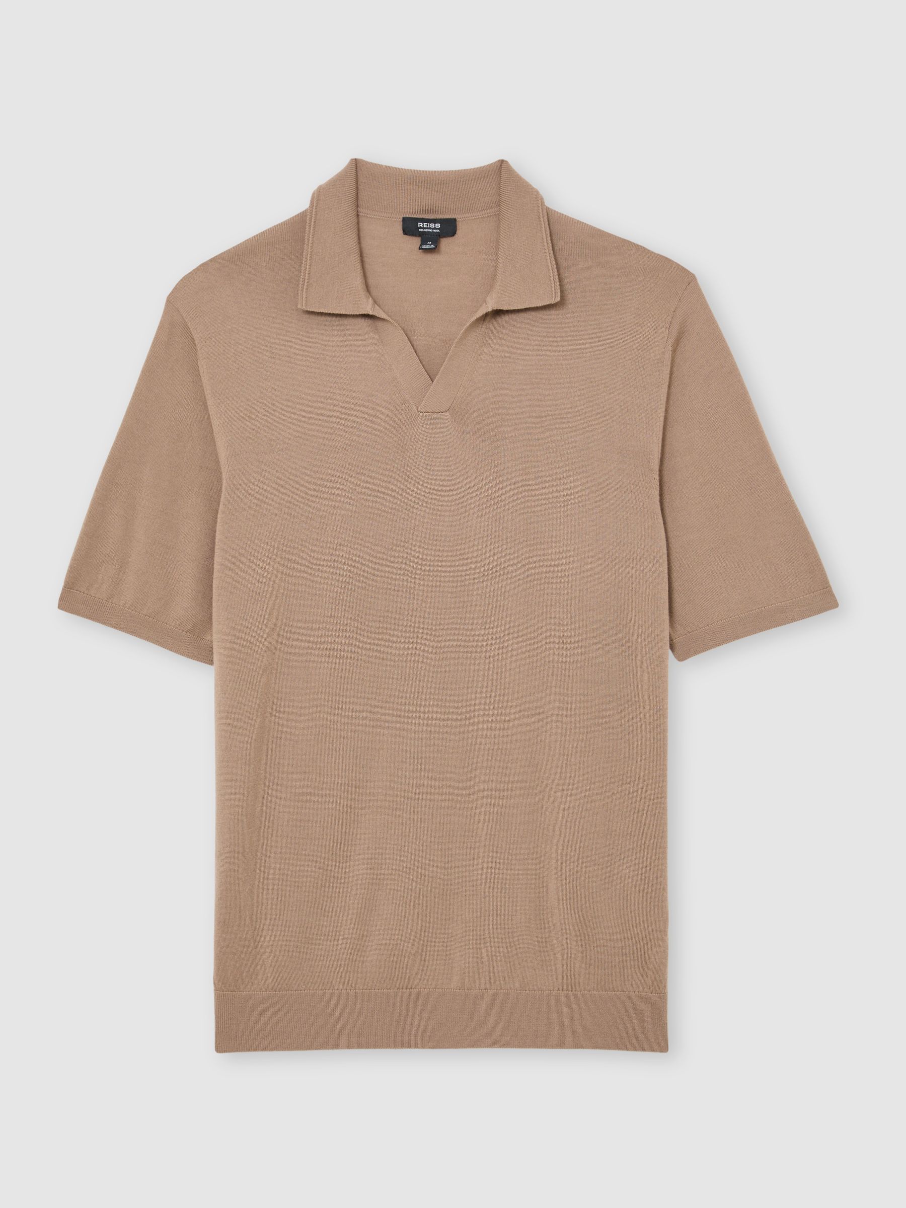 Merino Wool Open-Collar Polo Shirt in Camel Brown - Image 2 of 6