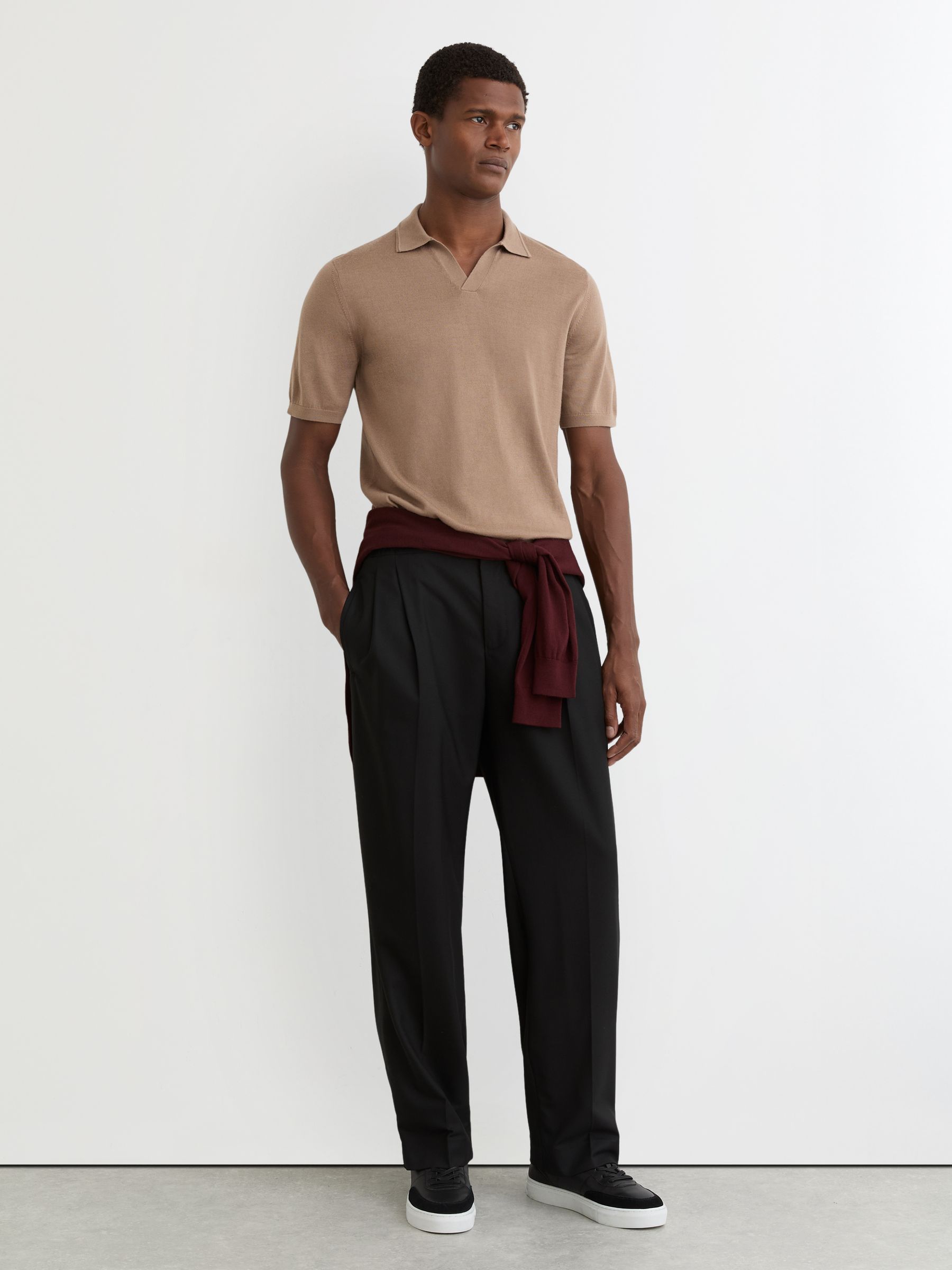 Merino Wool Open-Collar Polo Shirt in Camel Brown - Image 3 of 6