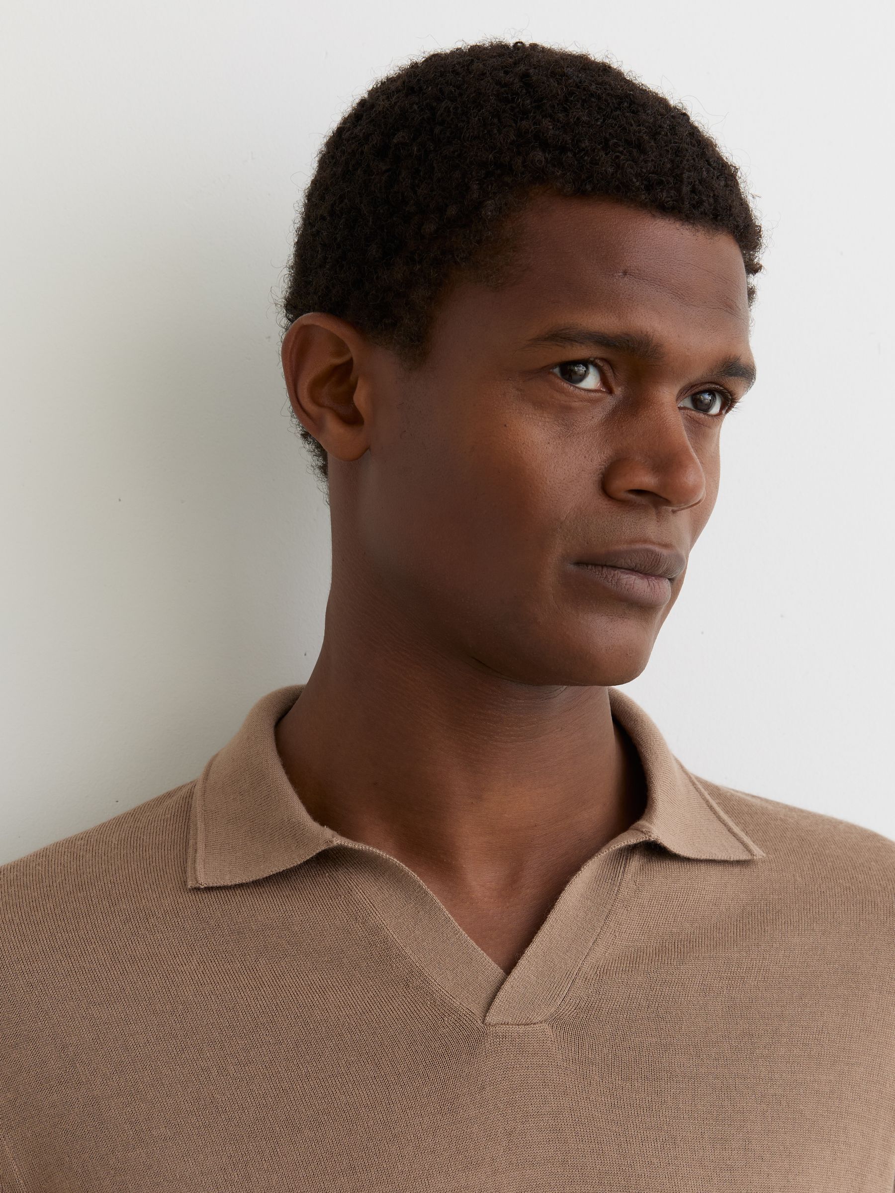 Merino Wool Open-Collar Polo Shirt in Camel Brown - Image 4 of 6