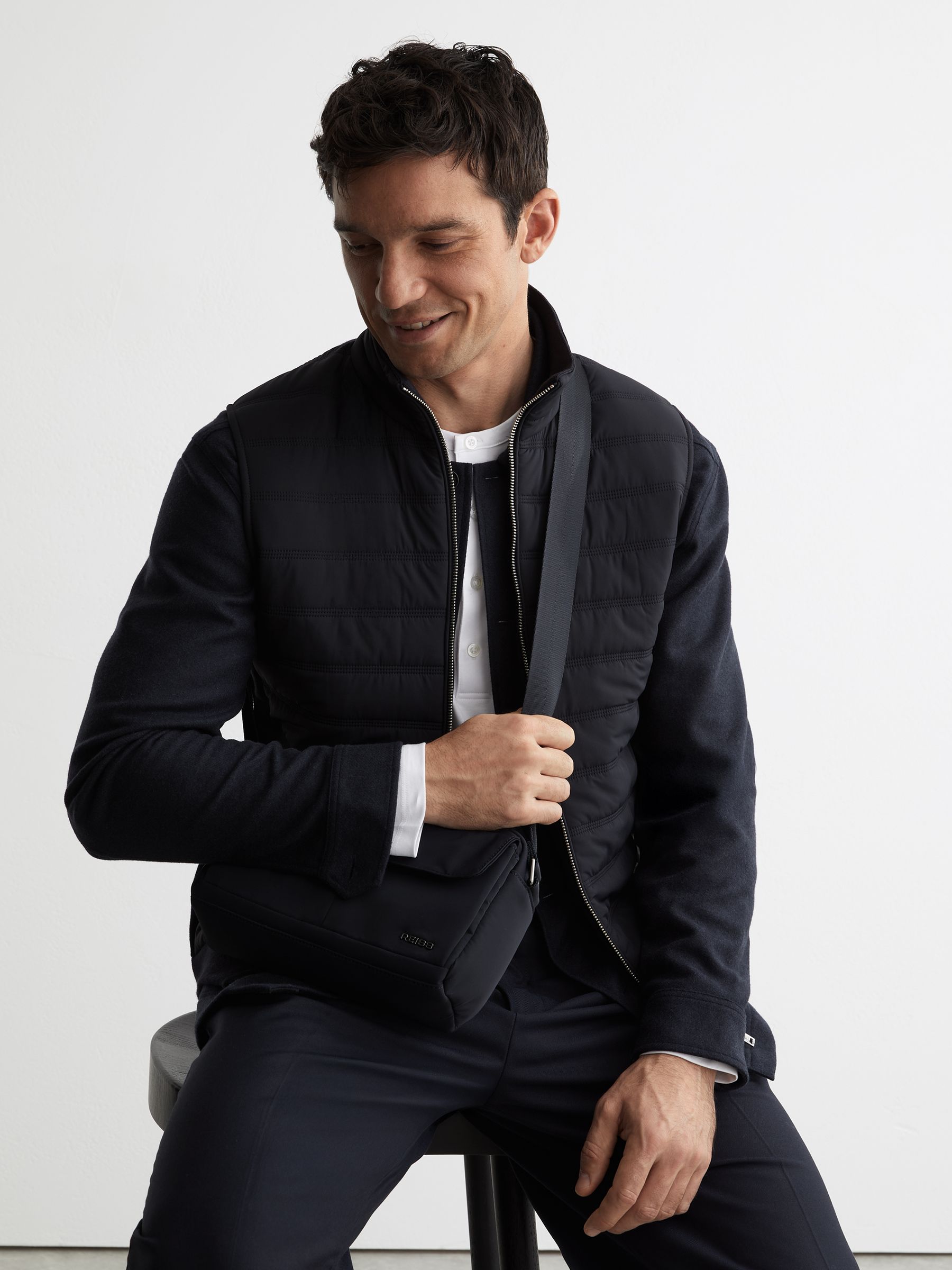 Funnel-Neck Quilted Knit Gilet in Navy - image 4