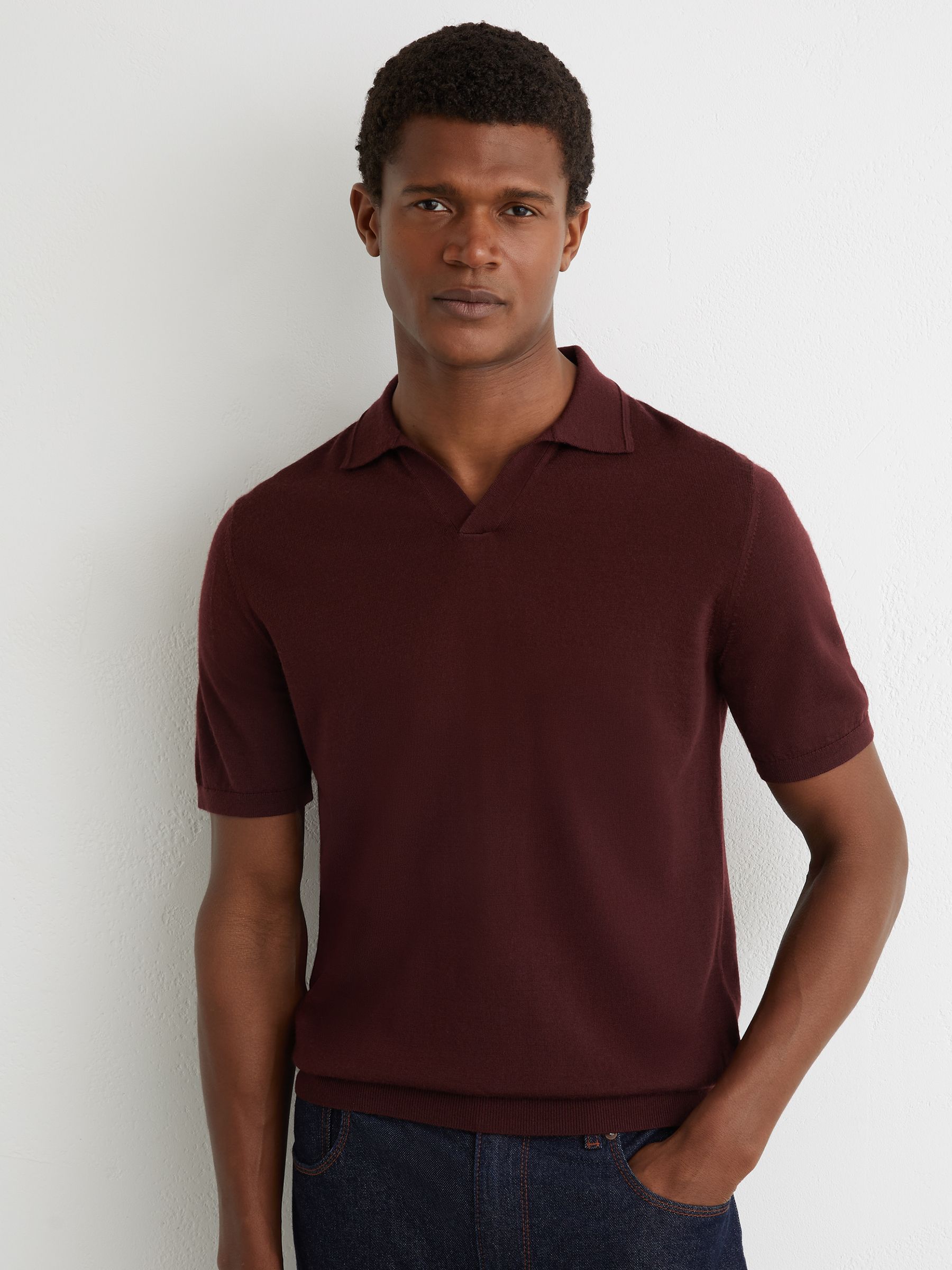 Merino Wool Open-Collar Polo Shirt in Port Red - Image 1 of 5 Merino Wool Open-Collar Polo Shirt in Port Red - Image 1 of 5
