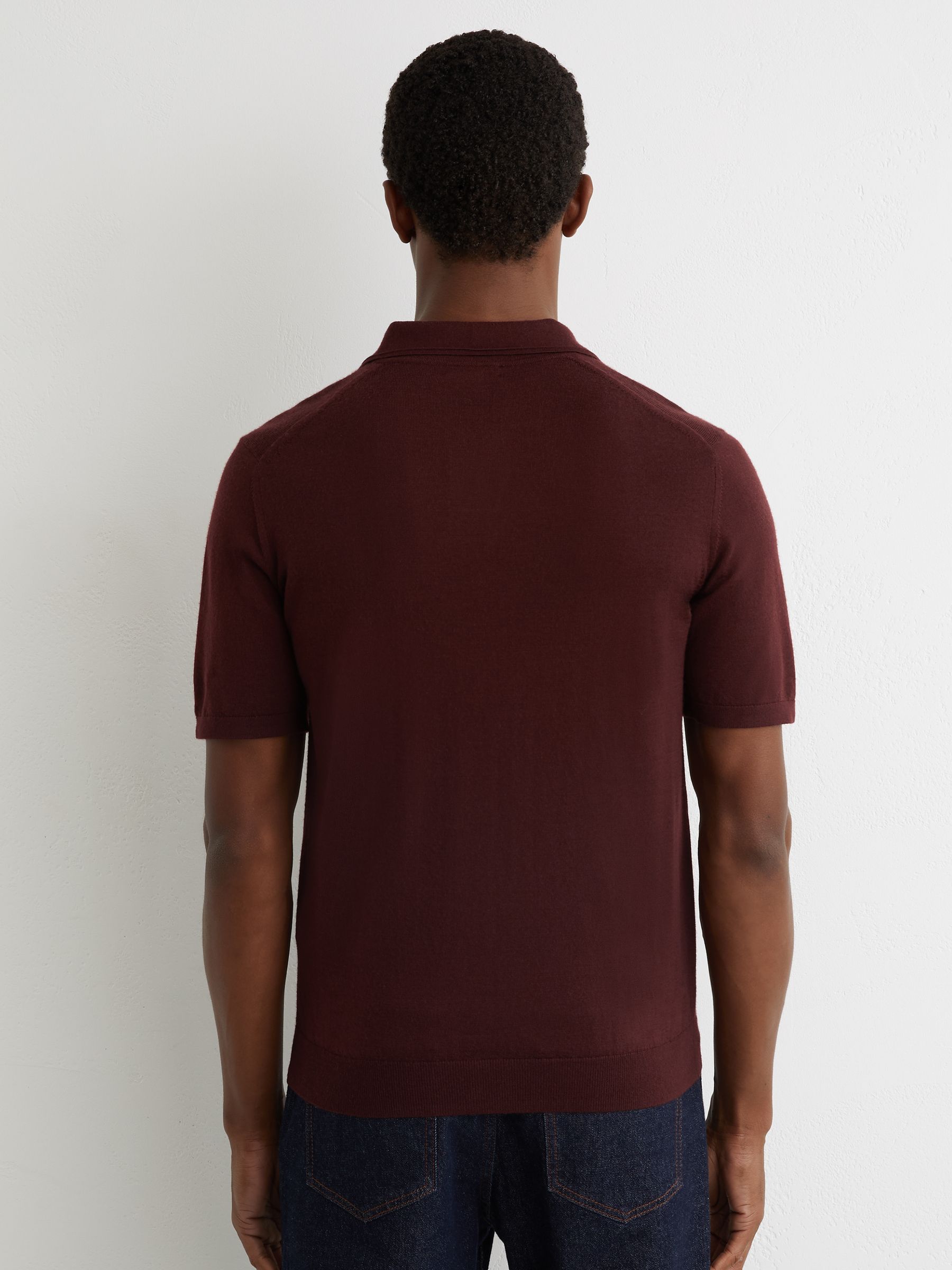 Merino Wool Open-Collar Polo Shirt in Port Red - Image 4 of 5