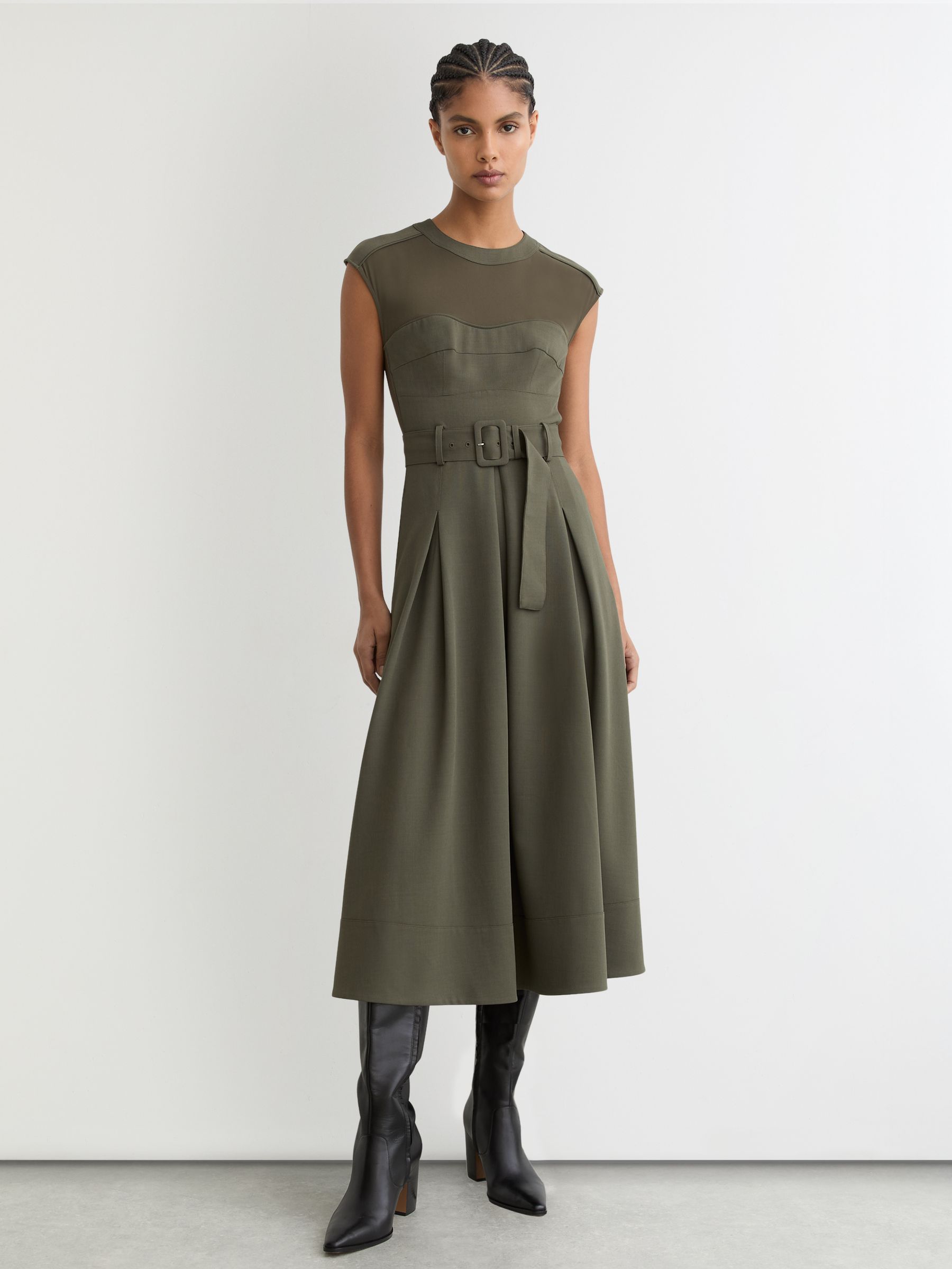 Mesh-panel Belted Pleated Midi Dress