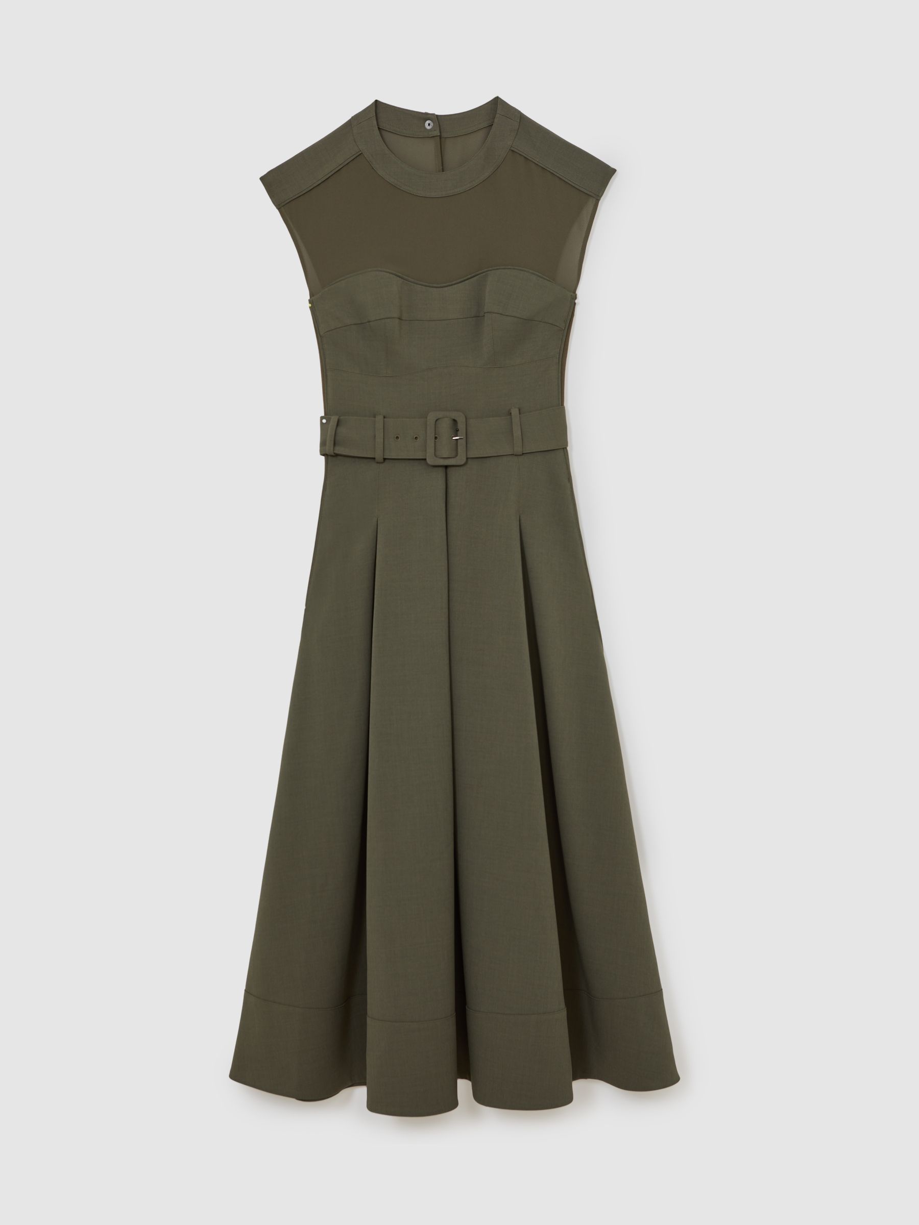 Petite Mesh-Panel Belted Pleated Midi Dress in Khaki Green