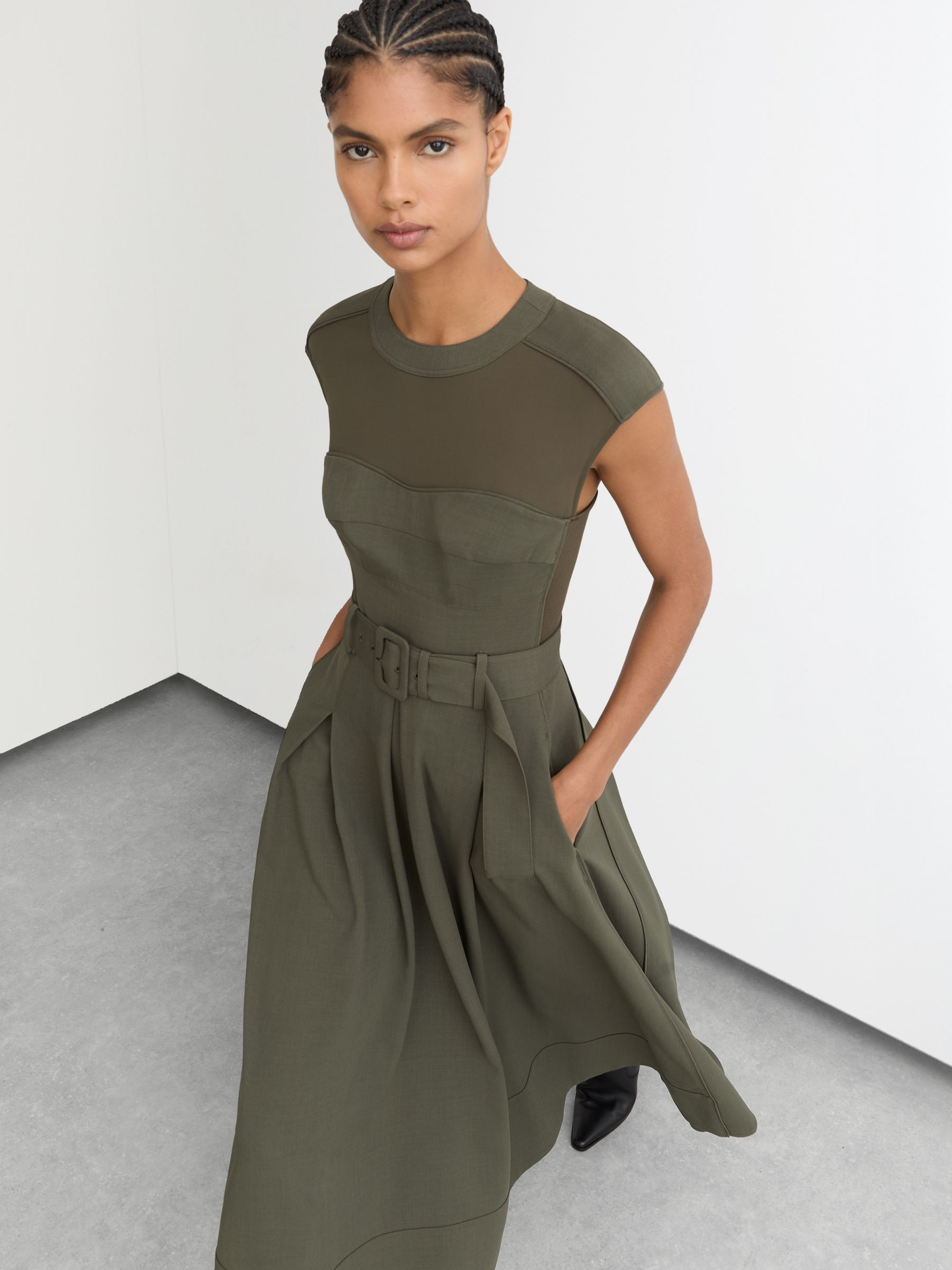 Reiss Petite Mesh-Panel Belted Pleated Midi Dress in Khaki Green | REISS Reiss Petite Mesh-Panel Belted Pleated Midi Dress in Khaki Green | REISS