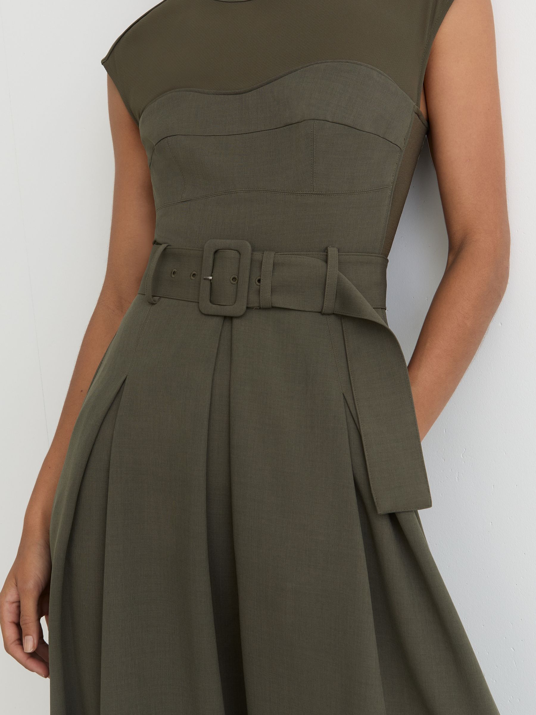 Petite Mesh-Panel Belted Pleated Midi Dress in Khaki Green - Image 4 of 8