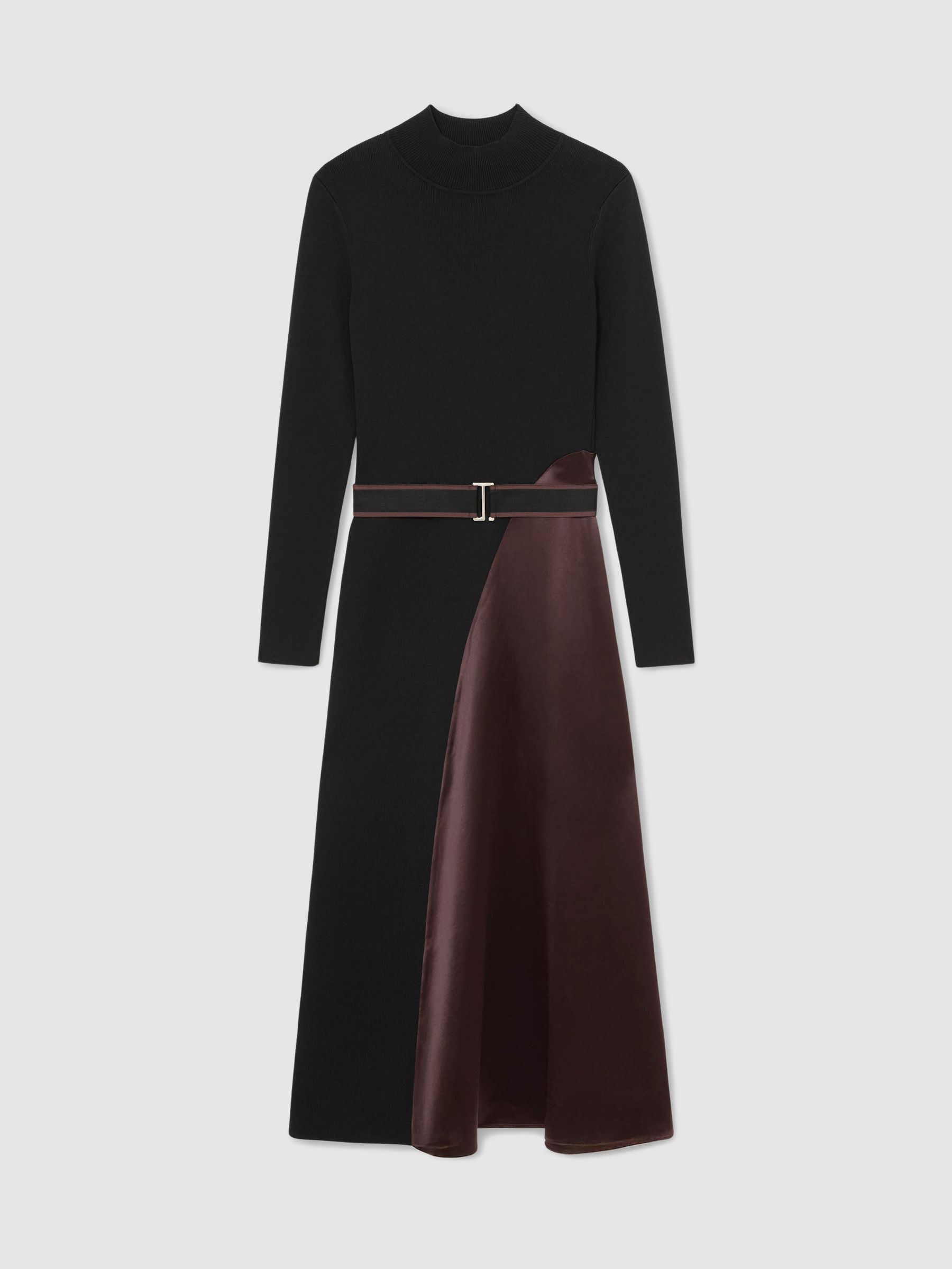 Colour-Block Knitted Midi Dress in Black/Burgundy - Image 2 of 6