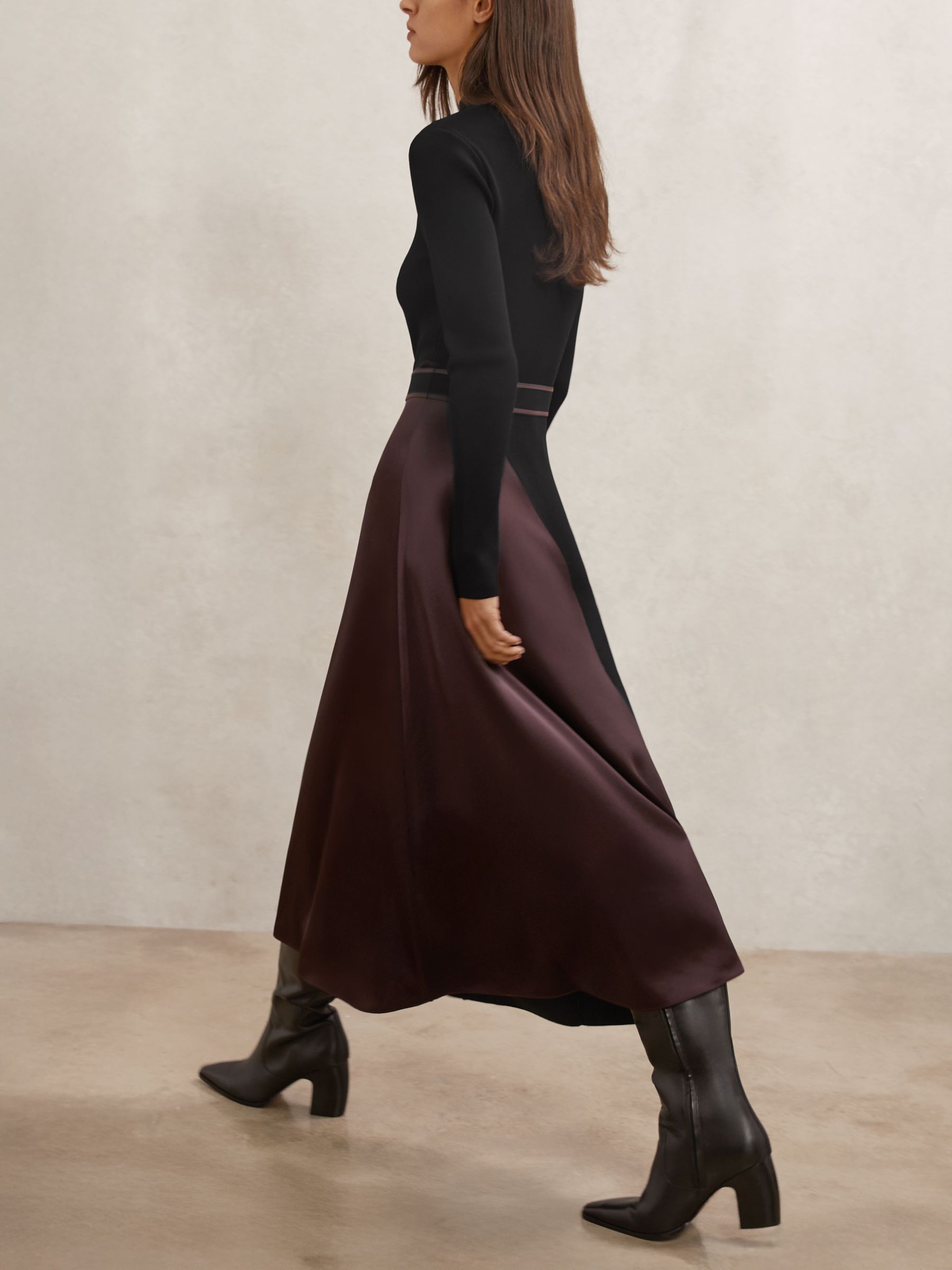 Colour-Block Knitted Midi Dress in Black/Burgundy - Image 4 of 6