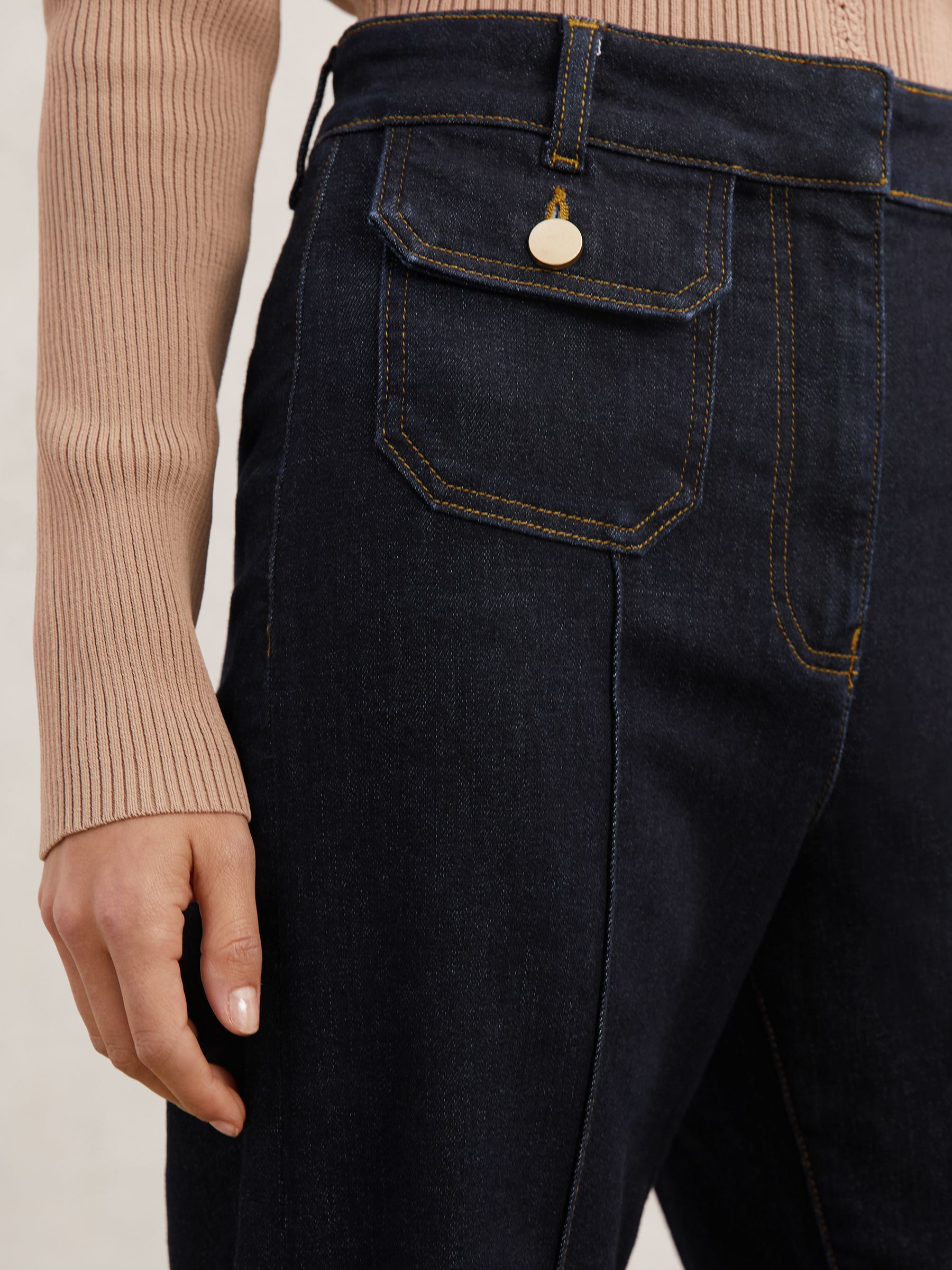 Petite Flared Pocket-Detail Jeans in Dark Blue - Image 4 of 8