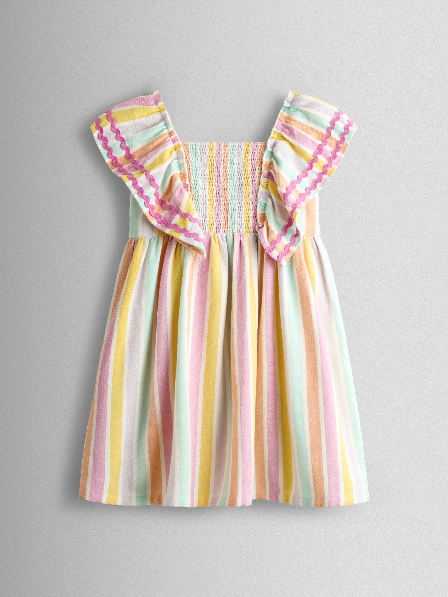 Pink Multi Stripe Frill Shoulder Smocked Dress - Image 2 of 5