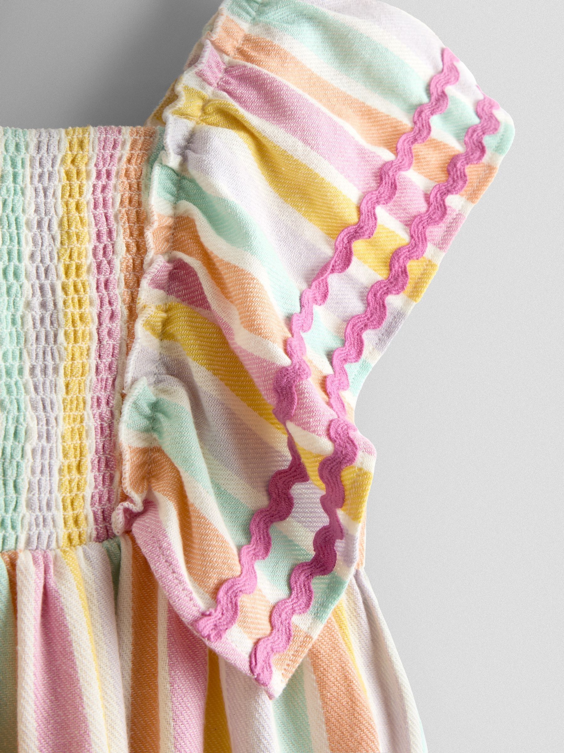 Pink Multi Stripe Frill Shoulder Smocked Dress - Image 4 of 5