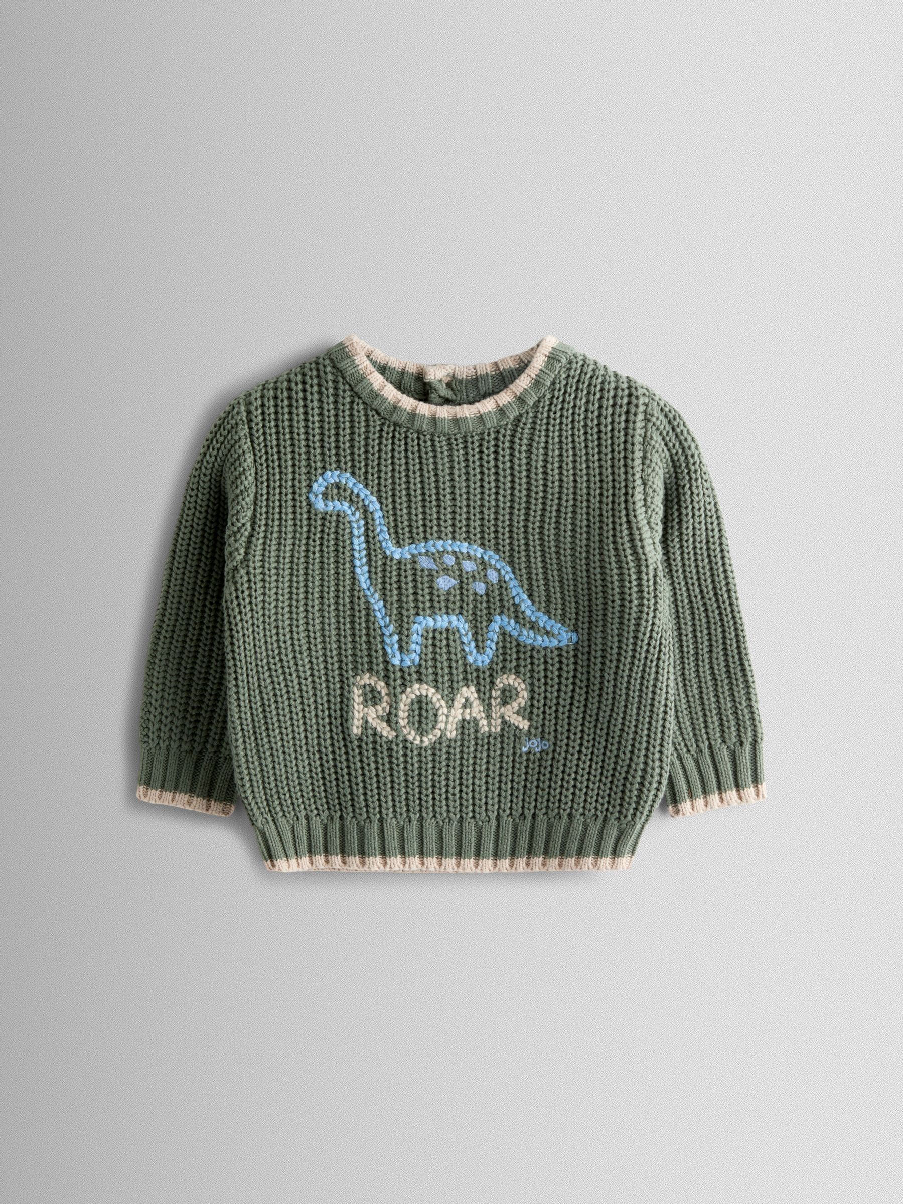 Khaki Green Dino Embroidered Jumper - Image 1 of 4 Khaki Green Dino Embroidered Jumper - Image 1 of 4