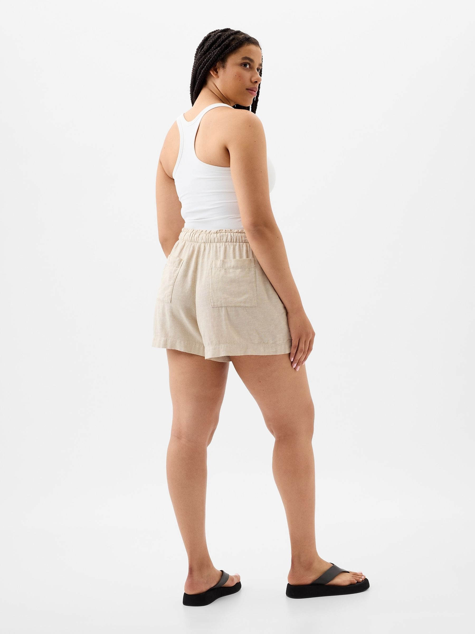 Beige Linen Blend Pull On Shorts - Image 2 of 5