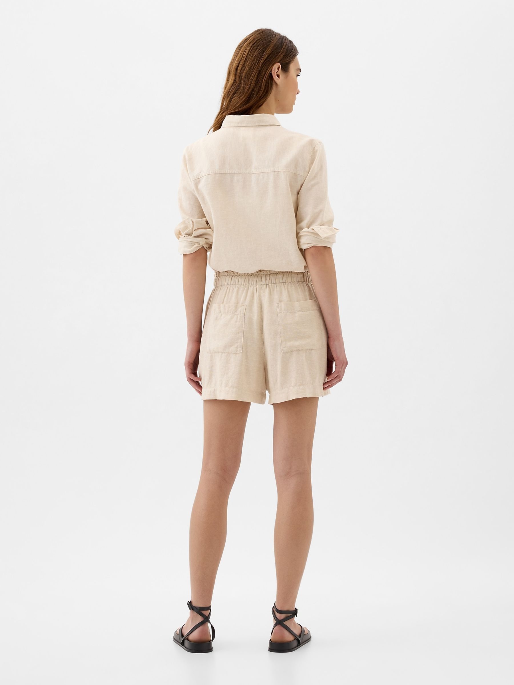 Beige Linen Blend Pull On Shorts - Image 4 of 5