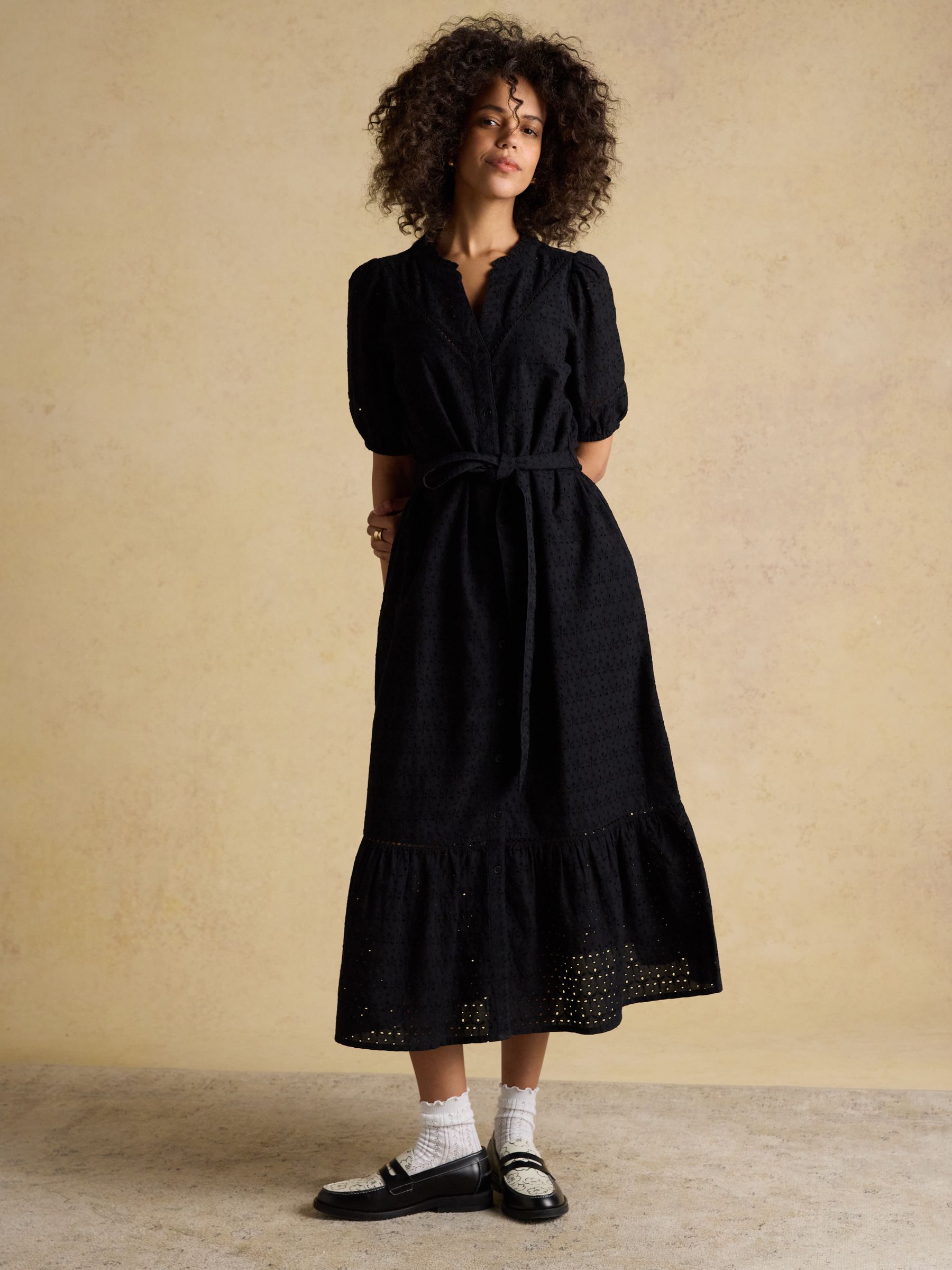 Susanna Black Short Sleeve Broderie Midi Dress - Image 1 of 7