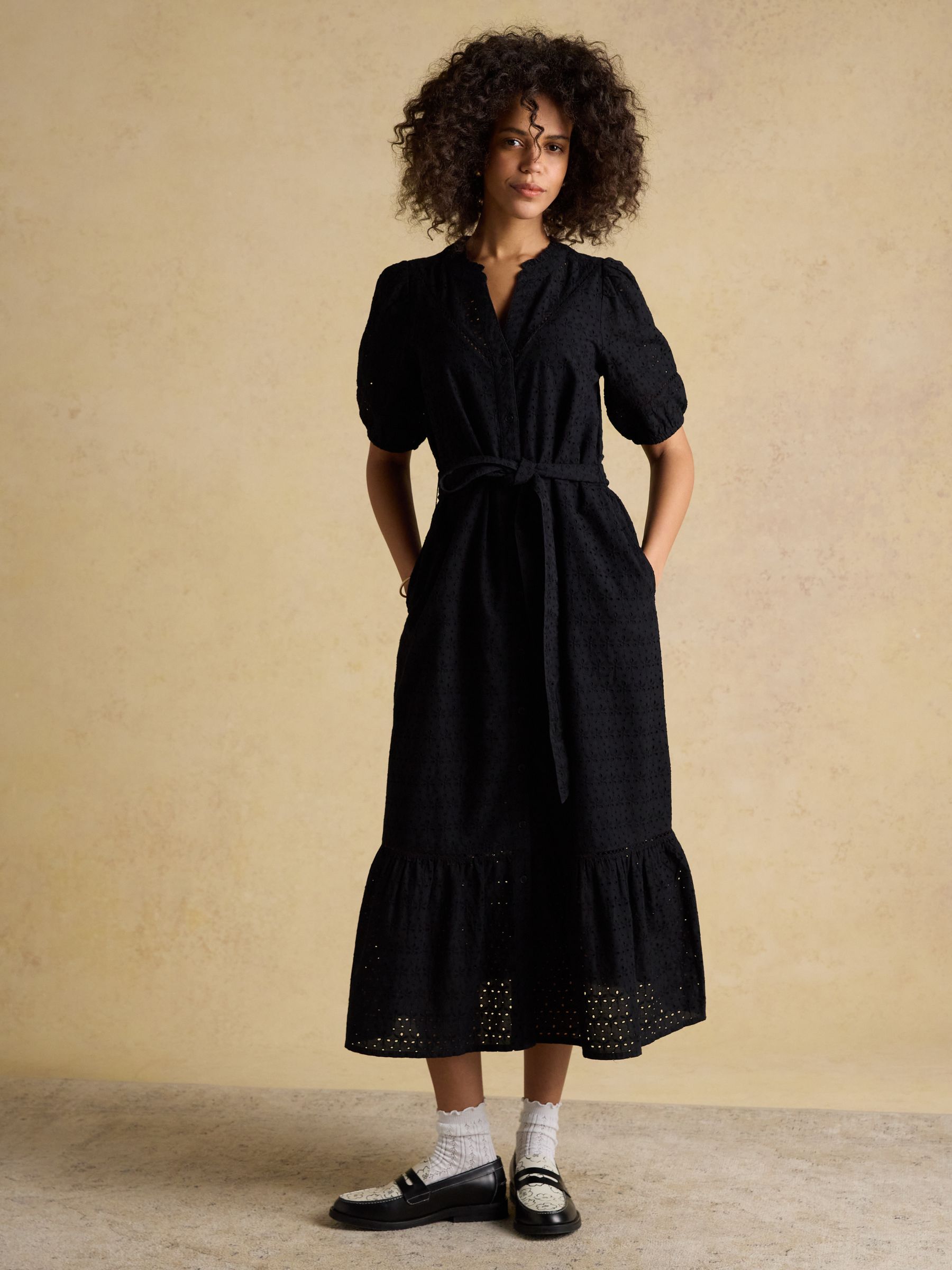 Susanna Black Short Sleeve Broderie Midi Dress - Image 5 of 7