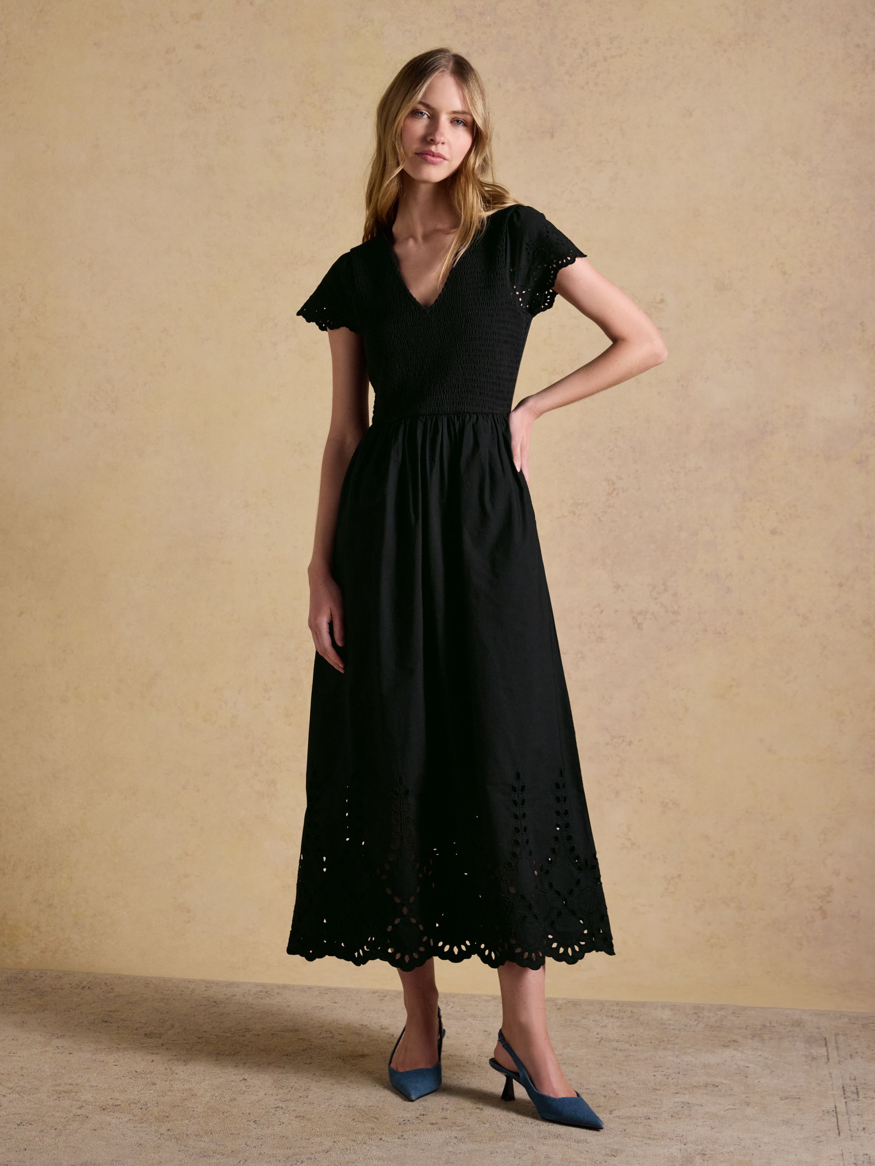 Ivy Black Shirred Jersey Woven Midi Dress With Broderie Sleeve Detail - Image 1 of 8