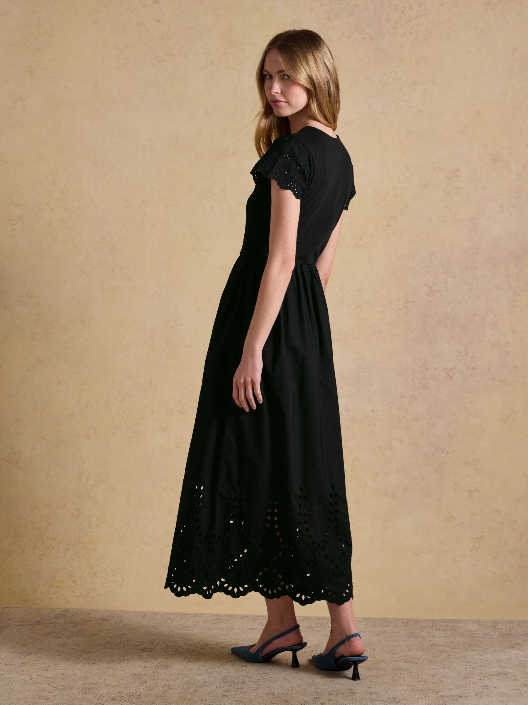Ivy Black Shirred Jersey Woven Midi Dress With Broderie Sleeve Detail - Image 2 of 8