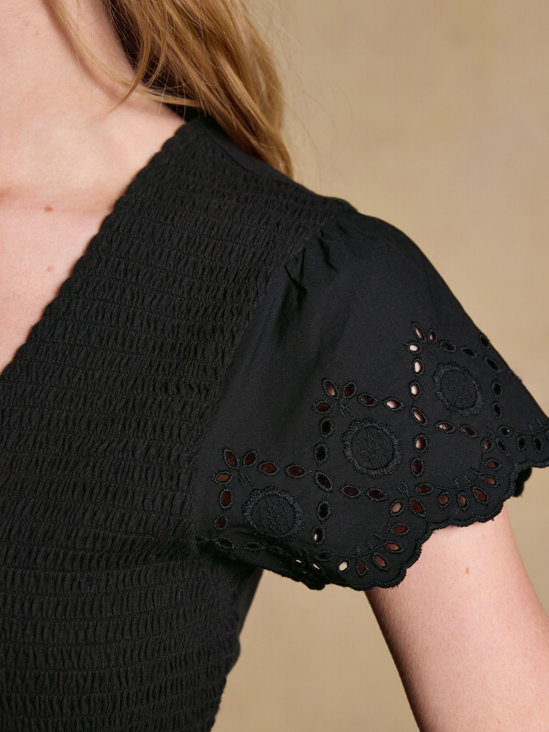 Ivy Black Shirred Jersey Woven Midi Dress With Broderie Sleeve Detail - Image 3 of 8
